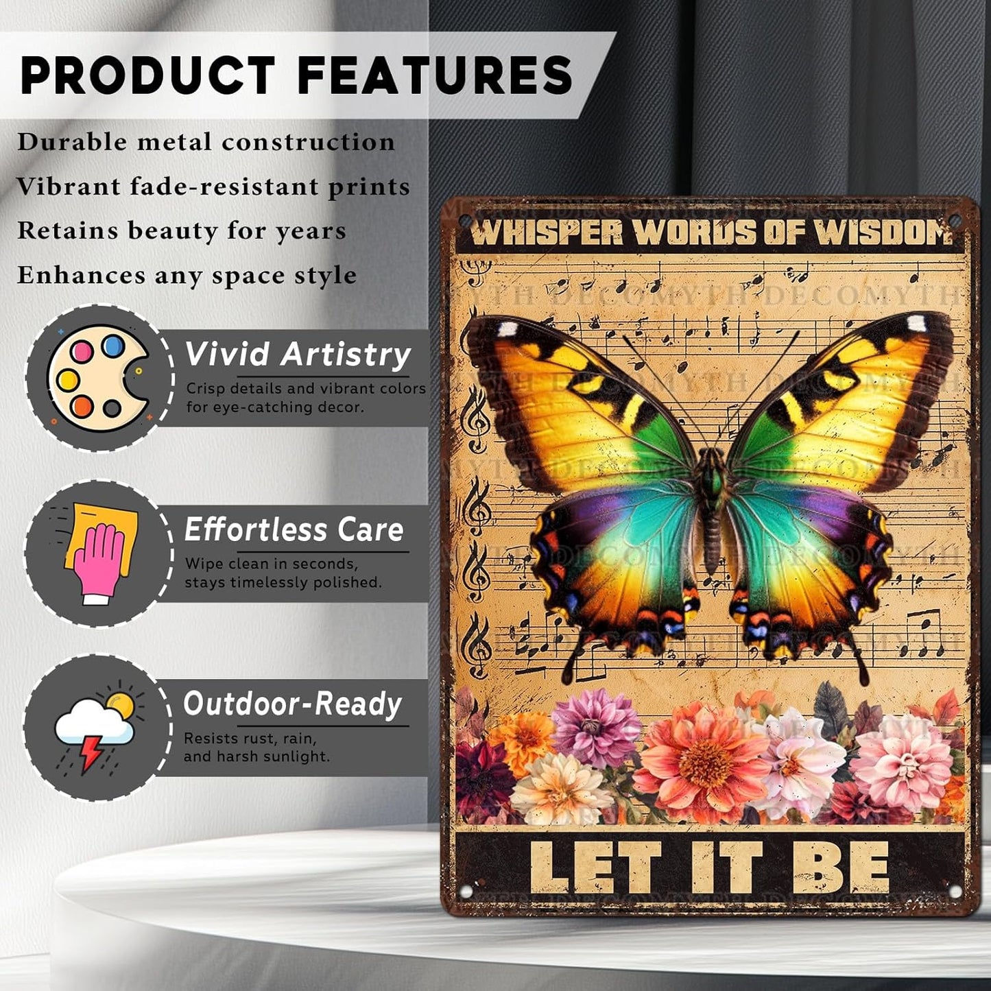Vintage Garden Tin Sign Whisper Words Of Wisdom Let It Be Retro Butterfly Metal Poster Funny Wall Art Cafe Office Wall Decor for Kitchen Home Bar Pub Club 12 * 16inch