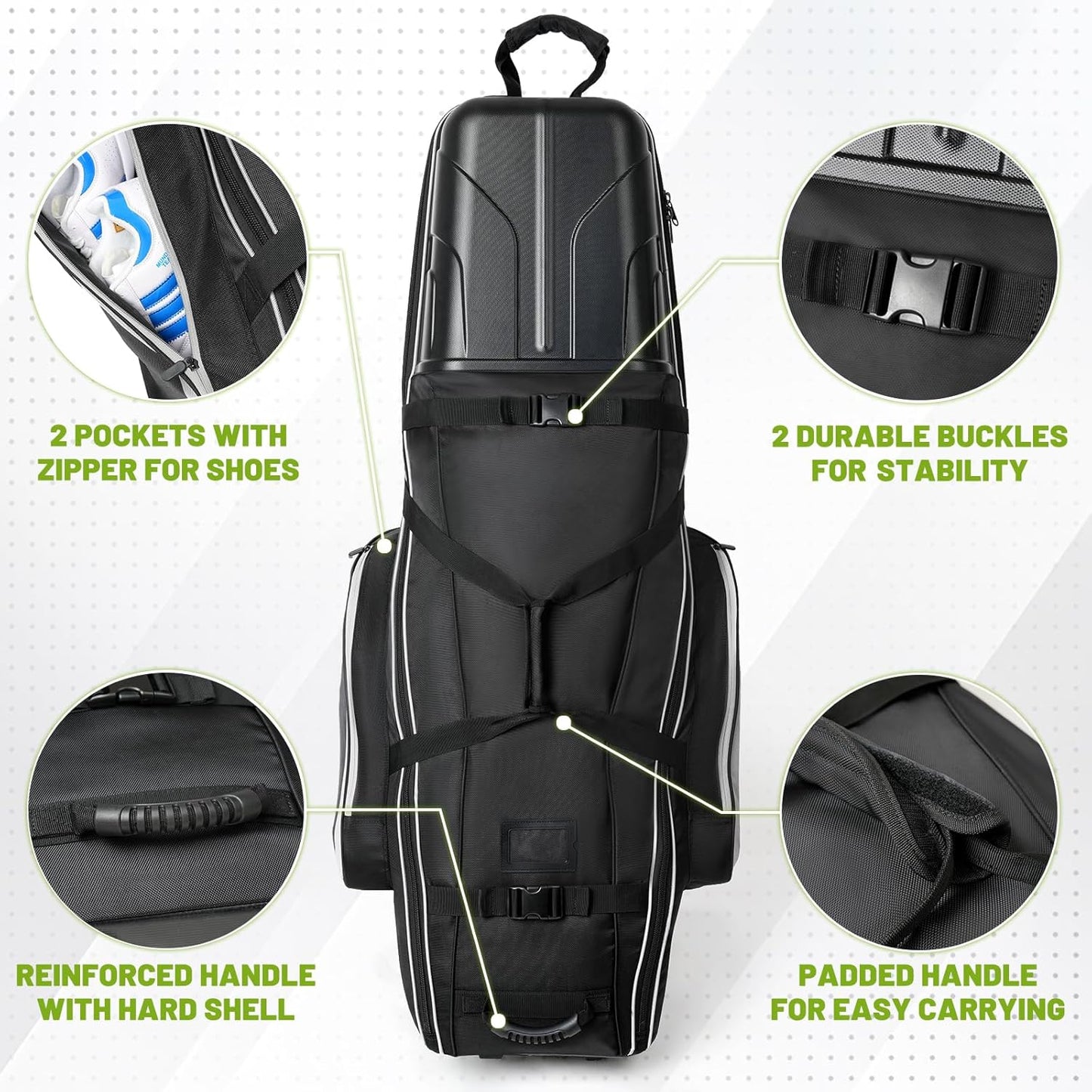 Hard Case Golf Travel Bags for Airlines with Oversize Tank Wheels, 2100D Oxford Fabric Soft Golf Club Carry Bags, Hard Cse Top Protect Club Travel Cover, Foldable for Easy to Maneuver