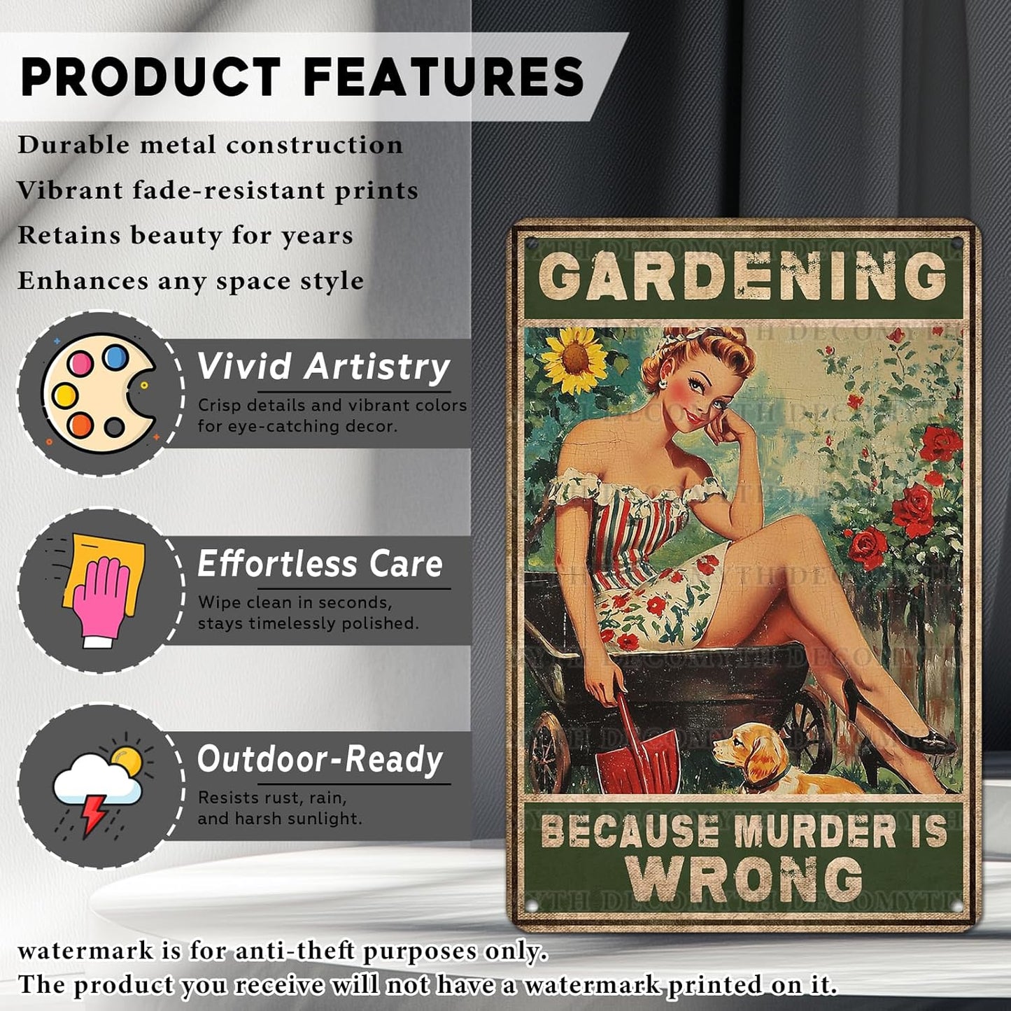 Gardening Because Murder Is Wrong Vintage Metal Tin Sign Rustic Wall Decor Outdoor Garden Art Yard Plaque Retro Home Decor Gift for Women Gardener Lovers 12 * 8inch