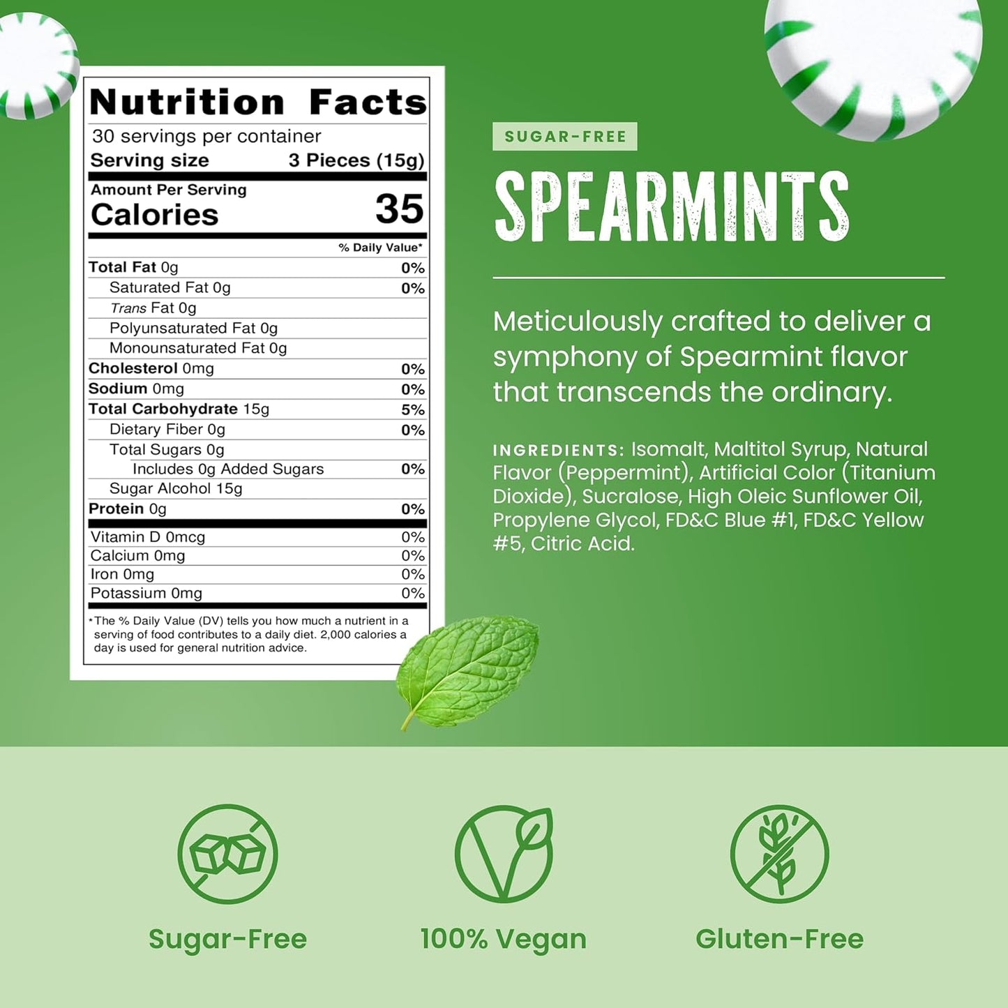 Cambie Sugar Free Mints, 1 lb of Sugar Free Hard Candy, Spearmints Individually Wrapped with a Refreshing & Sweet Spearmint Flavor, Packaged Fresh in a Resealable Pouch