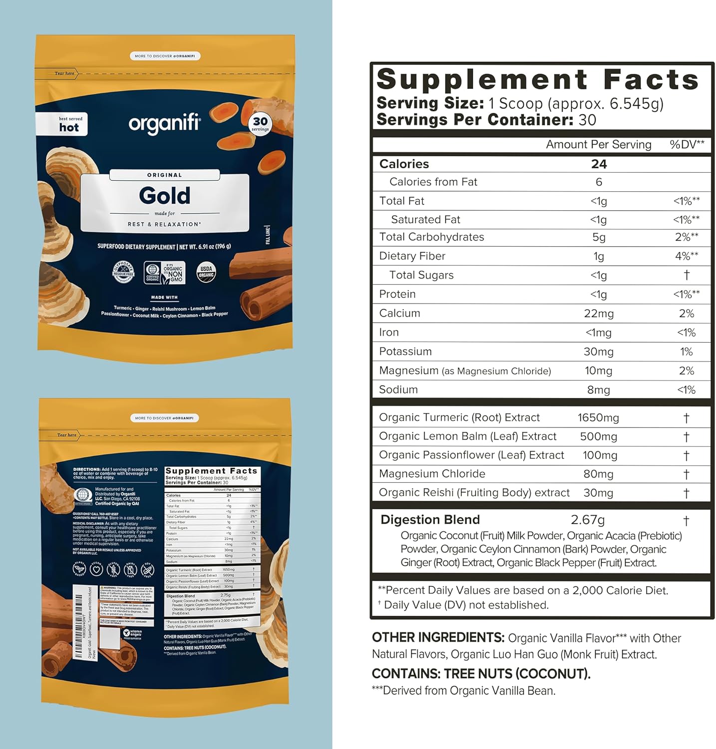 Organifi: Gold - Superfood Supplement Powder- 90 Servings (3 Pack) - Stress Support, Better Rest, Relaxation and Promotes Restful Sleep - Turmeric and Reishi Infused