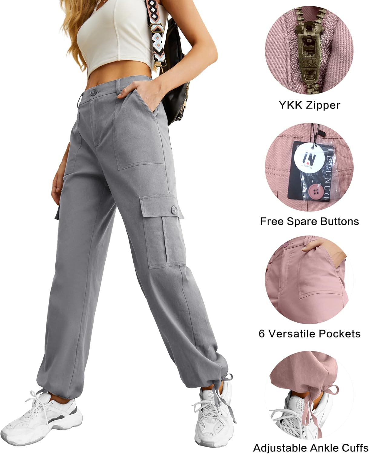 Lepunuo Women's High Waisted Cargo Pants Travel Y2K Streetwear Baggy Stretchy Pants with 6 Pockets Drawstring Ankle Cuffs