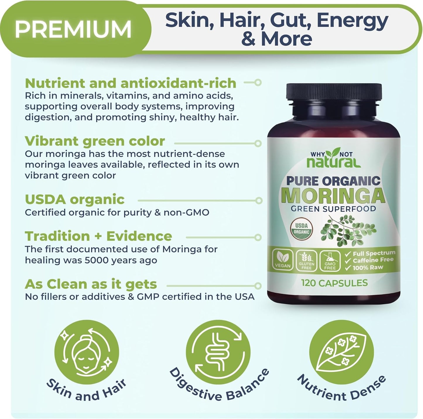 Why Not Natural Organic Moringa Capsules - Green superfood Powder Supplement Pills - Maringa