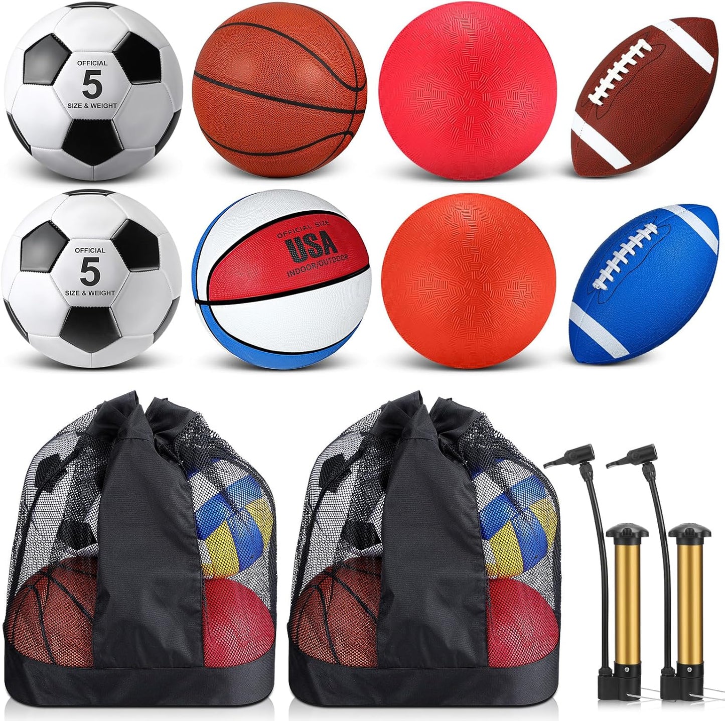 Deekin 8 Pcs Sports Balls Set for Kids Adult Assorted Football Basketball Soccer Playground Balls Official Size with Bags Pumps Outdoor Sports Equipment Athletic Gift Back to School