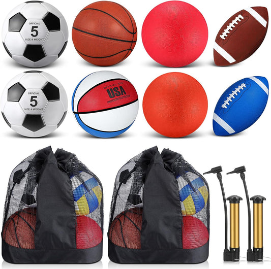 Deekin 8 Pcs Sports Balls Set for Kids Adult Assorted Football Basketball Soccer Playground Balls Official Size with Bags Pumps Outdoor Sports Equipment Athletic Gift Back to School