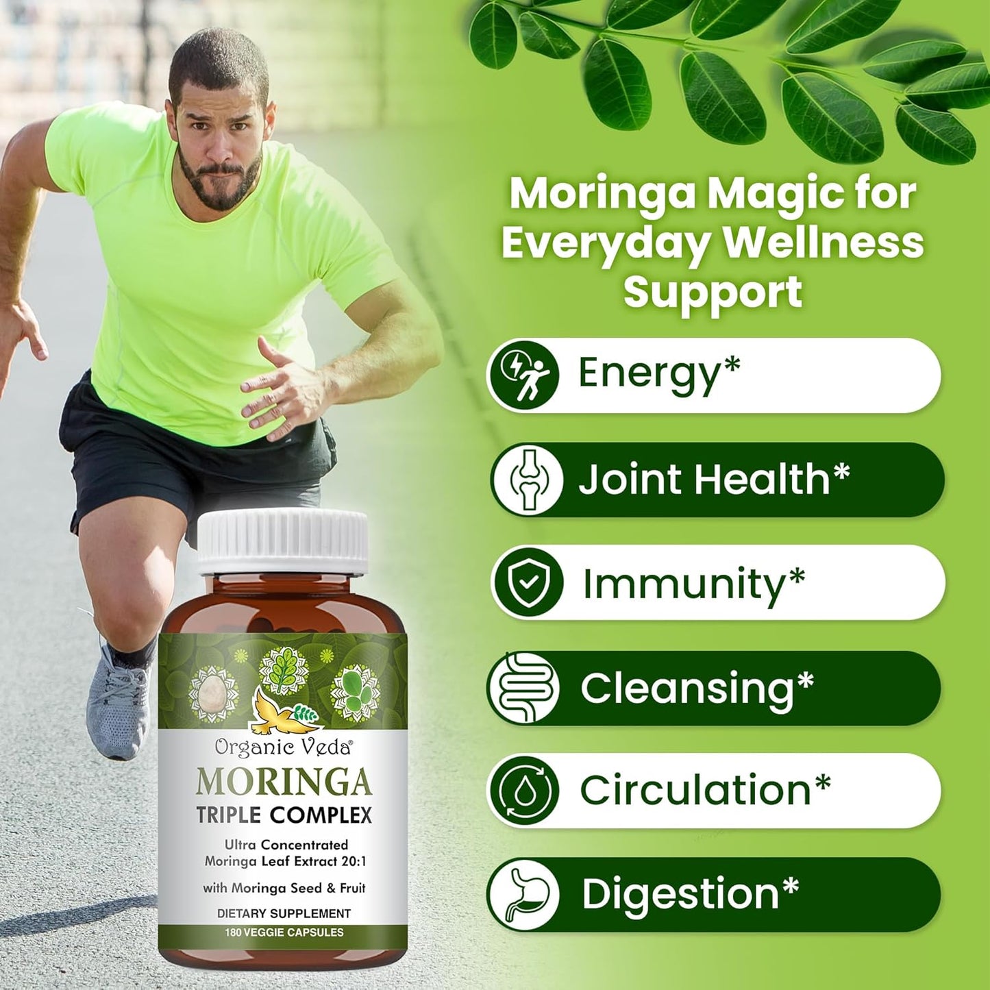 Organic Veda Moringa Capsules Triple Complex - 20 X Concentrated Organic Moringa Leaf Extract with Seed & Fruit Powder Vitamin, Antioxidant - Joints & Energy Support - 180 Vegan Capsule