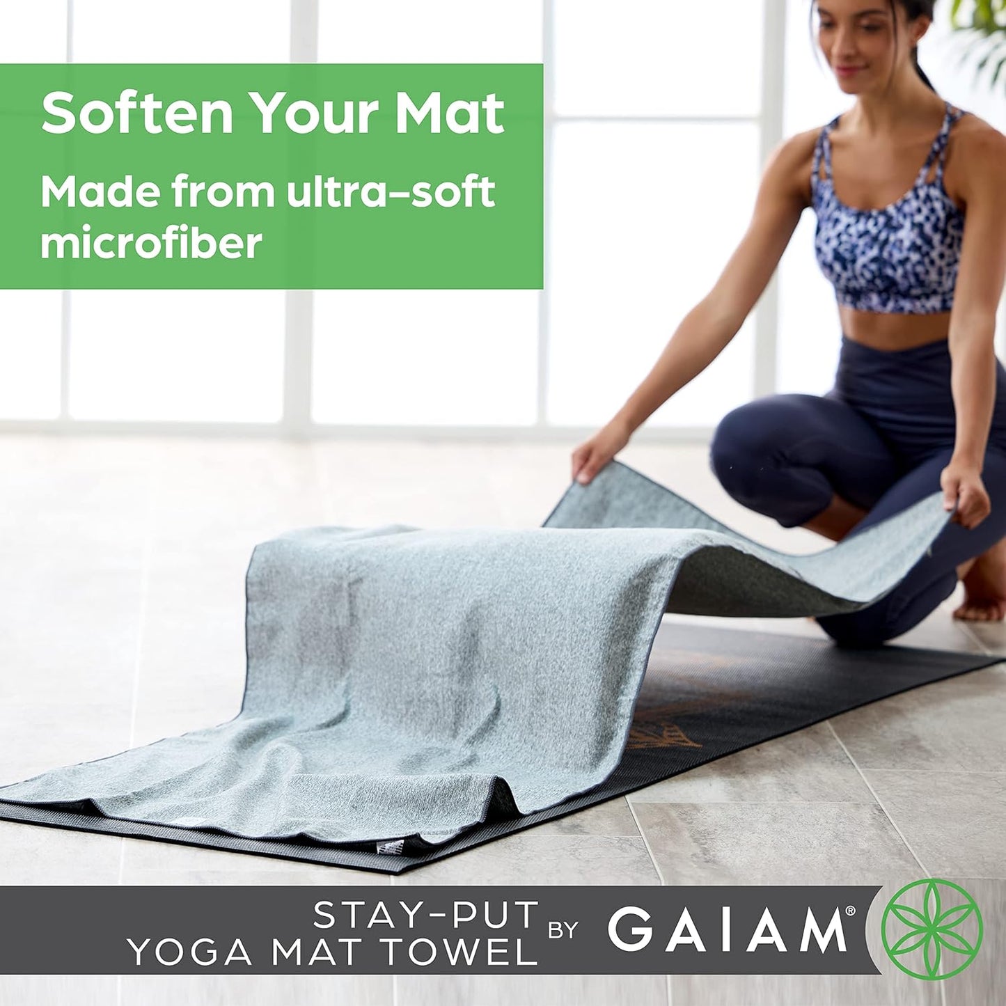 Gaiam Yoga Towel - Mat Sized Active Dry Non Slip Moisture Wicking Sweat Absorbent Microfiber Hot Yoga Towel for Women & Men | Stay-Put Corner Pockets (70" Long x 26" Wide), Grey