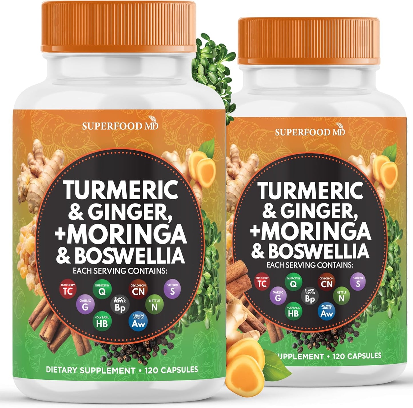 Turmeric Moringa Supplement | Ginger, Boswellia, Saffron, Holy Basil- Joint Support Supplement for Women and Men with Ceylon Cinnamon, Quercetin, Tart Cherry- 240 Count