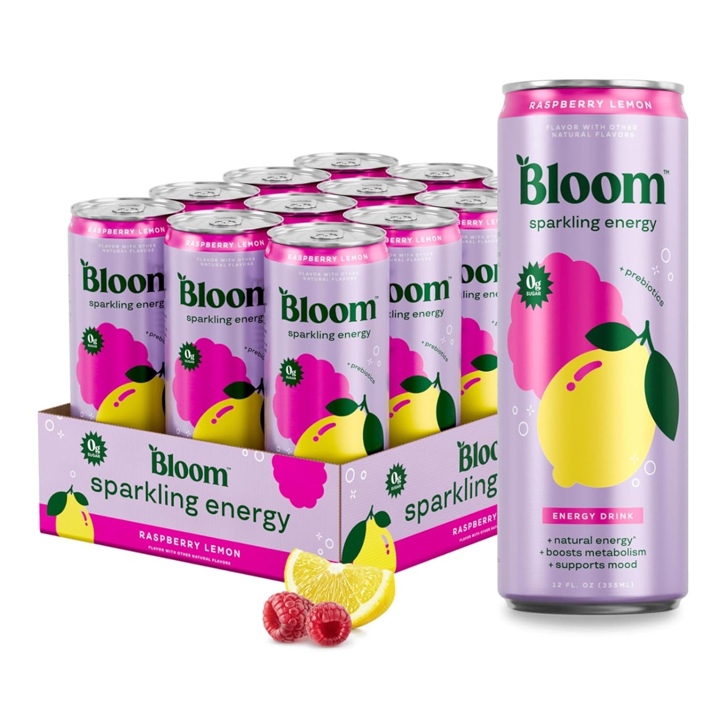 Bloom Nutrition Sparkling Energy Drink for Focus, Natural Caffeine, Zero Sugar, 180mg Caffeine, Antioxidant-Rich with Green Coffee Bean, Green Tea Extract, & Prebiotics, Raspberry Lemon 12oz 12 Pack