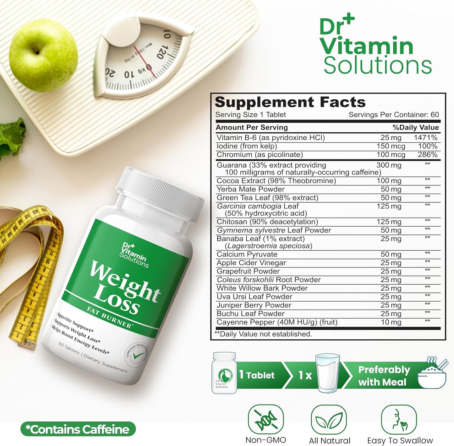 DR VITAMIN SOLUTIONS Fat Burner for Women & Men - Weight Loss Supplements with Green Tea Extract, Chromium, Vitamin B6 - Energy Booster, Belly Fat Burner & Appetite Suppressant Diet Pills - 60 Tablets