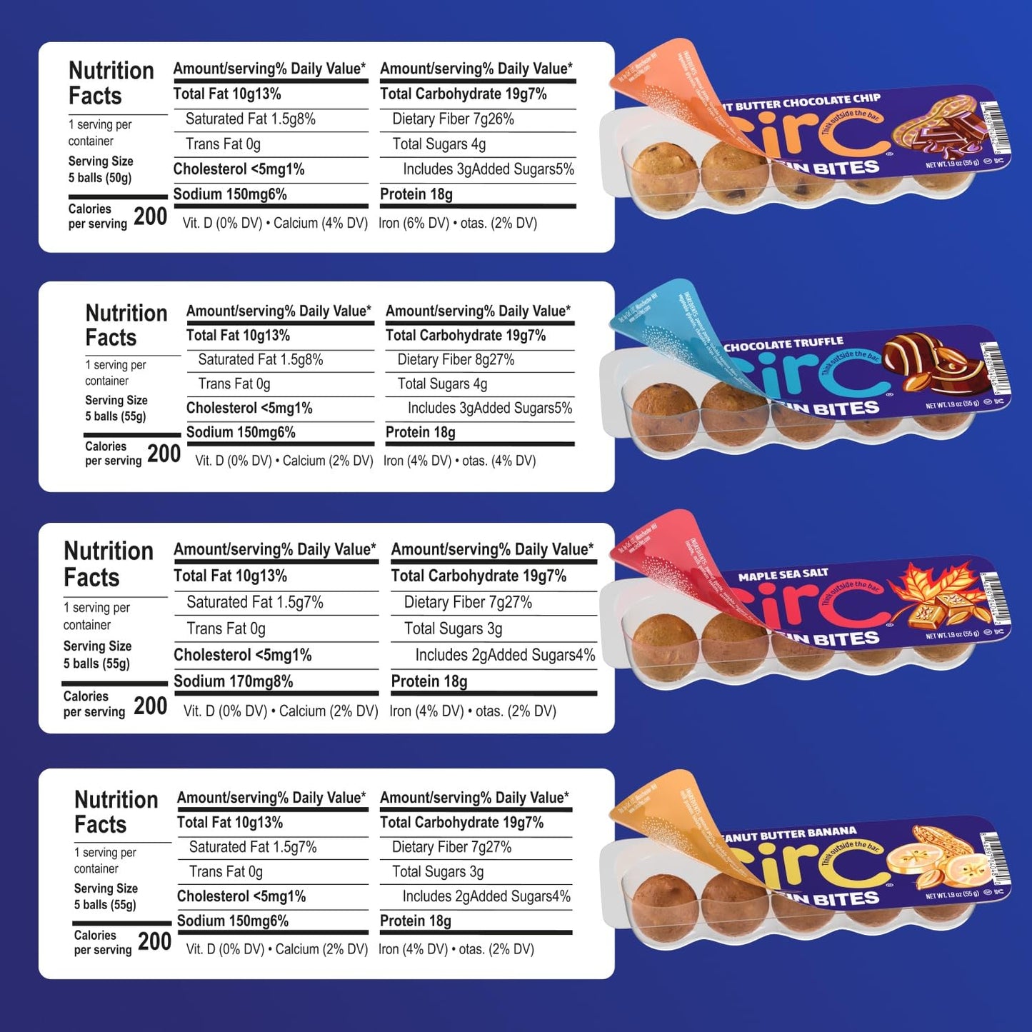 CirC Protein Bites - 8 Count Variety Mix High Energy Balls - 18g of protein 4g of Collagen, 5g of net carb, Whey & Peanuts - Portable Healthy Snacks in 5-Piece Resealable Packs