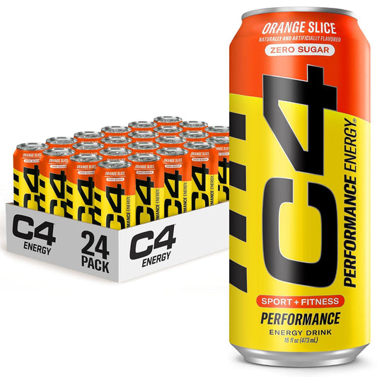 C4 Energy Carbonated Zero Sugar Energy Drink, Pre Workout Drink + Beta Alanine, Orange Slice, 16 Fl Oz (Pack of 24)