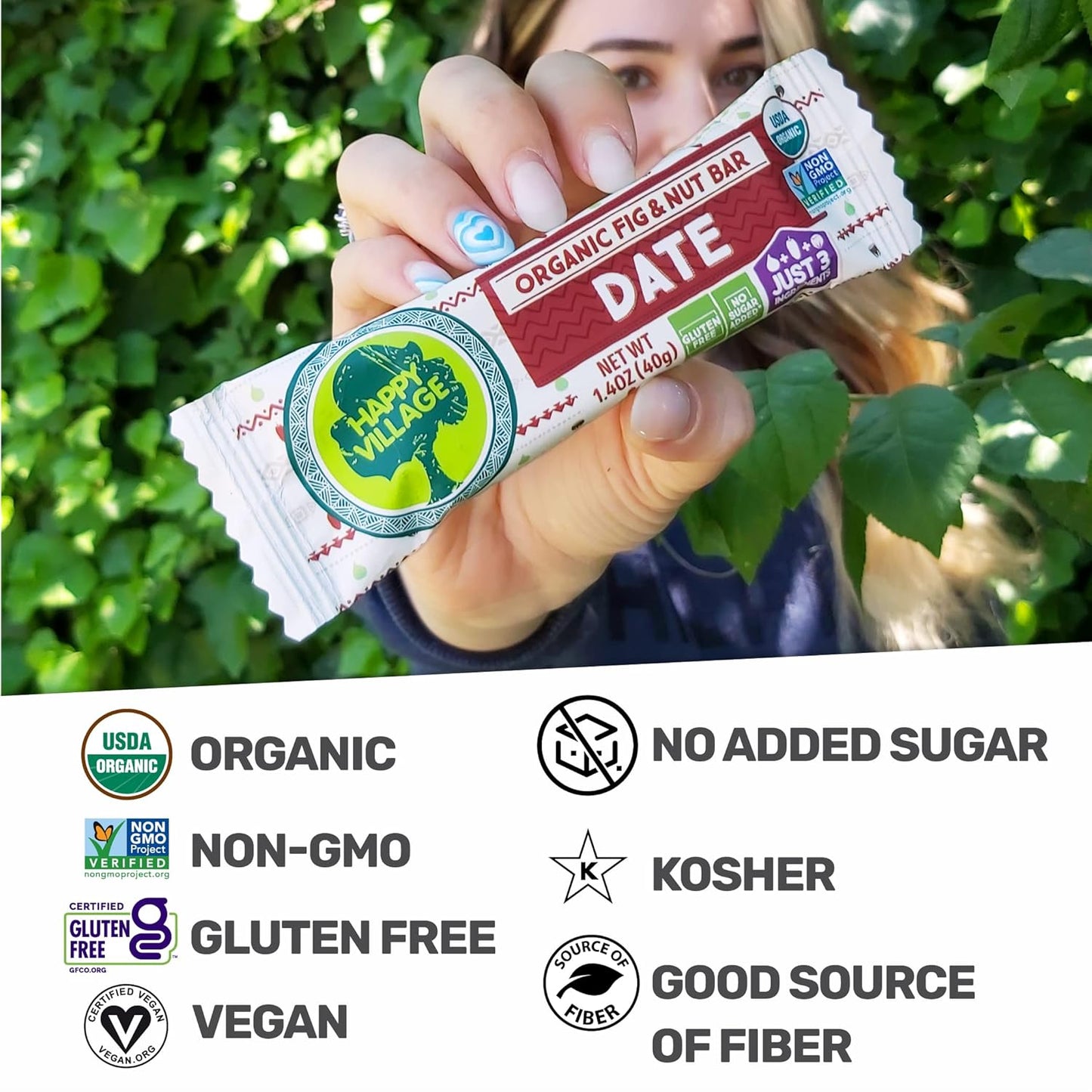 Happy Village Organic Fig & Nut Bars, DATE | Only 3 Ingredients, Gluten Free, No Added Sugar, Kosher, Non-GMO, Vegan, Good Source of Fiber | Organic Healthy Snack Bars (16 bars, 1.4 OZ each)