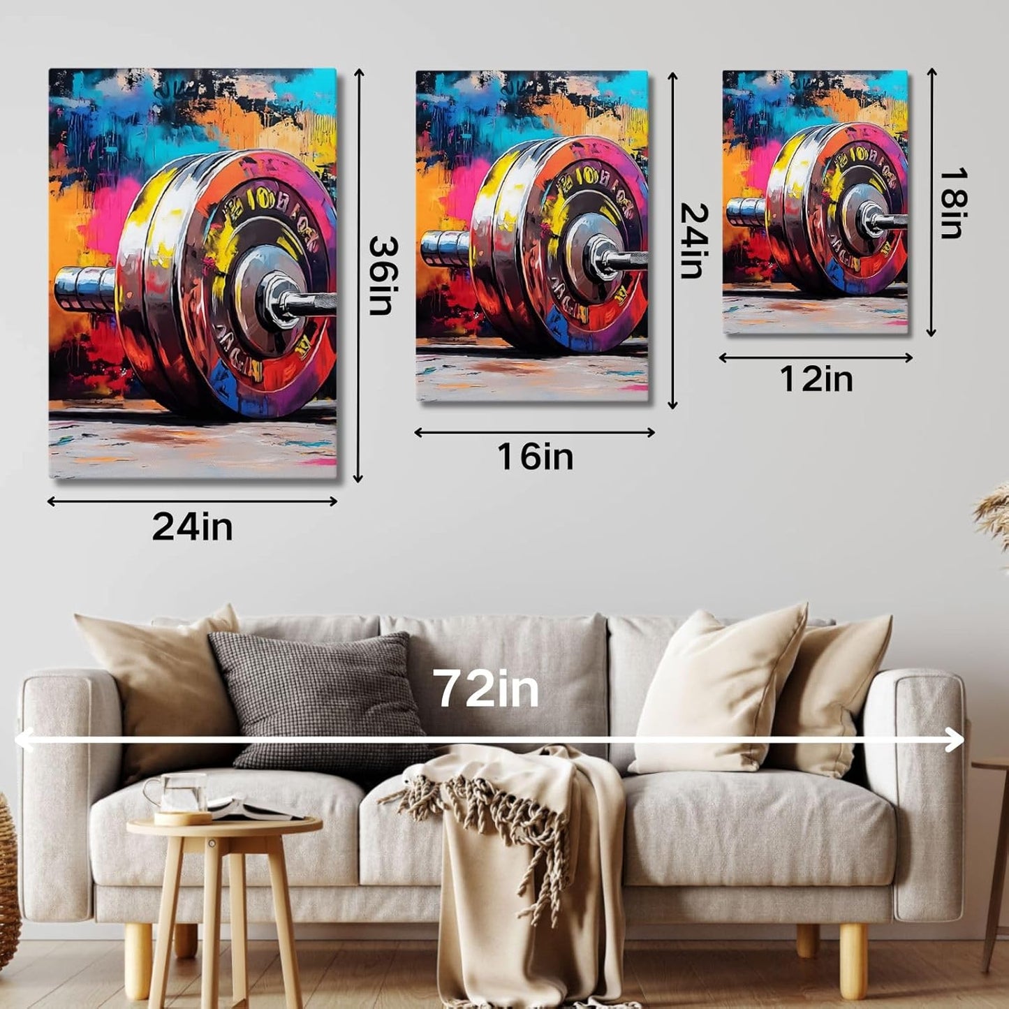 sawjug Gym Barbell Wall Decor, Colorful Graffiti Canvas Wall Art, Gym Motivational Wall Art, Colorful Pictures Wall Decor, Wall Painting for Living Room, Bedroom (24" x 36" x 3 pcs)