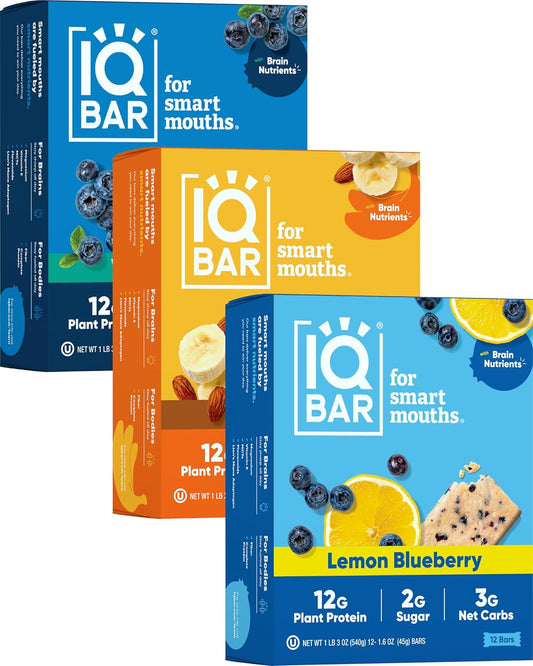 IQBAR Brain and Body Plant Protein Bars - Fruit Lovers Variety - 36-Count Low Carb - Gluten Free, High Fiber, Vegan Snacks - Low Sugar Meal Replacement