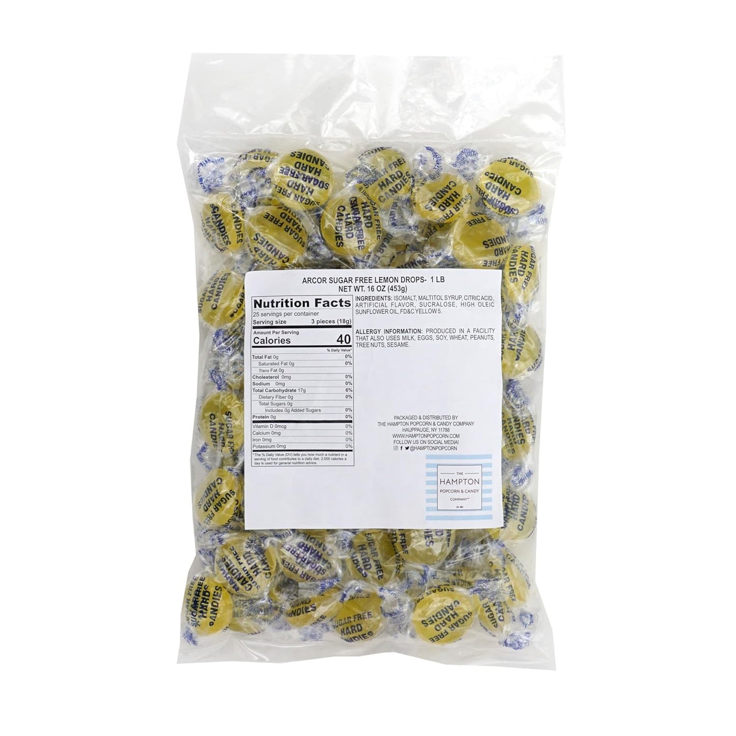 Arcor Sugar Free Lemon Drops, 1 Pound Bulk Bag (Approx. 70 Pieces), Individually Wrapped Hard Candy, The Hampton Popcorn & Candy Company