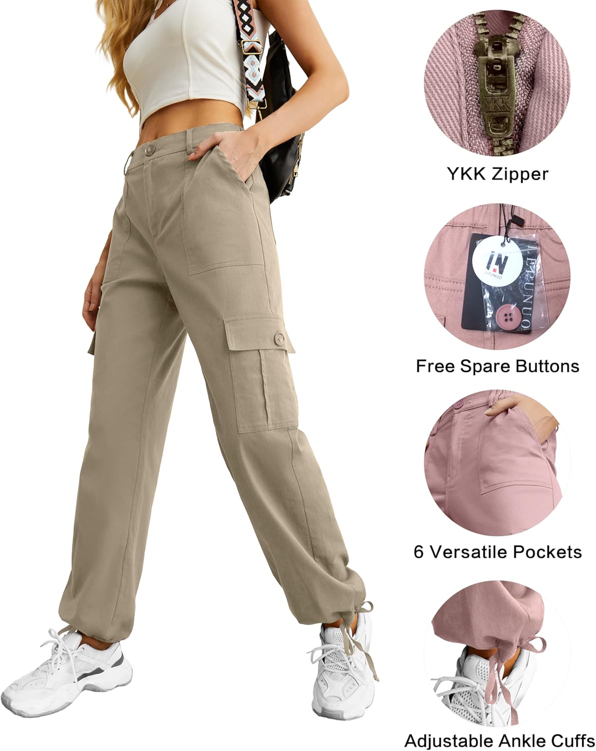 Lepunuo Women's High Waisted Cargo Pants Travel Y2K Streetwear Baggy Stretchy Pants with 6 Pockets Drawstring Ankle Cuffs