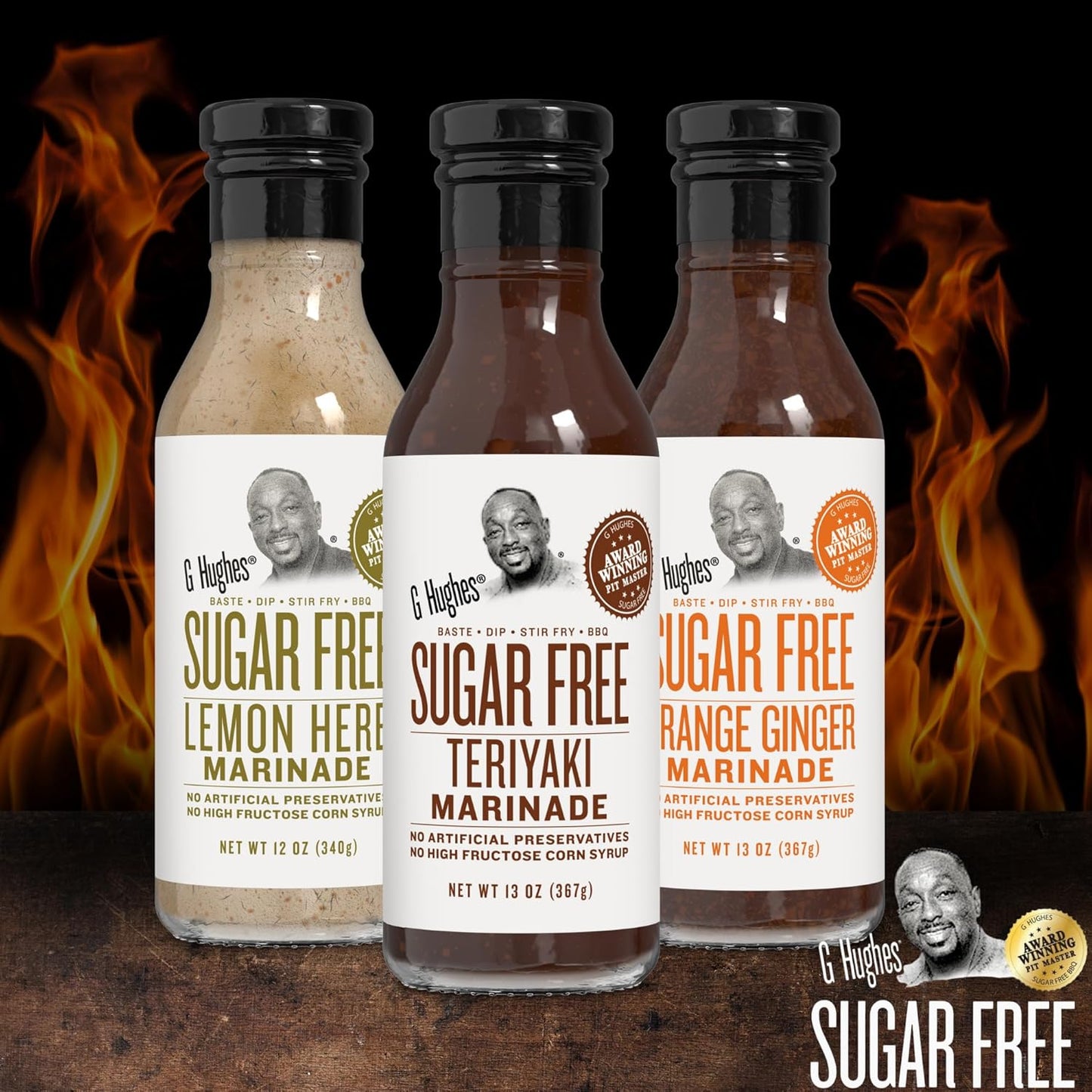 G Hughes Sugar Free, Assorted Marinades - Gluten Free, Sugar Free Sauces and Marinades Gift Sets, Marinades for Meats, (1) Lemon Herb 12oz bottle (1) Teriyaki 13oz bottle & (1) Orange Ginger 13oz