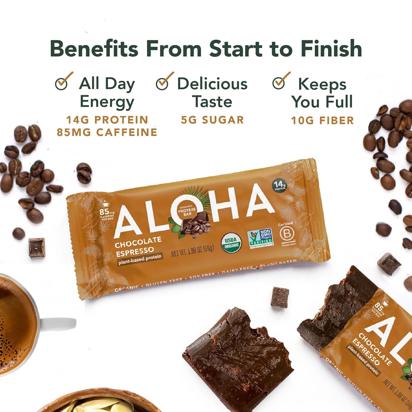 ALOHA Organic Plant Based Protein Bars - Chocolate Espresso (85mg Caffeine) - 12 Bars, Vegan, Low Sugar, Gluten-Free, Paleo, Low Carb, Non-GMO, No Stevia, No Erythritol