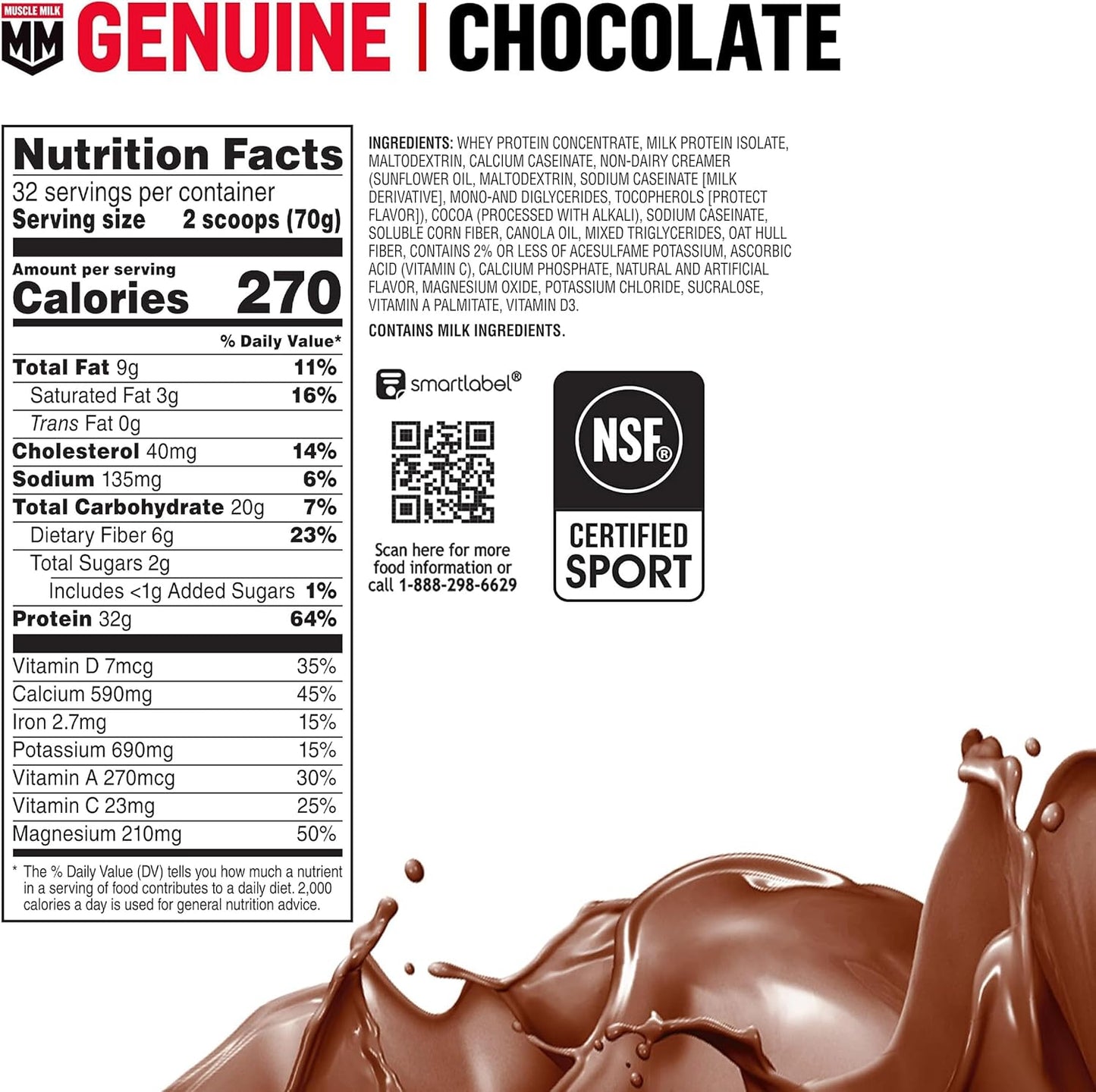 Muscle Milk Genuine Protein Powder, Chocolate, 4.94 Pound, 32 Servings, 32g Protein, 2g Sugar, Calcium, Vitamins A, C & D, NSF Certified for Sport, Energizing Snack, Packaging May Vary