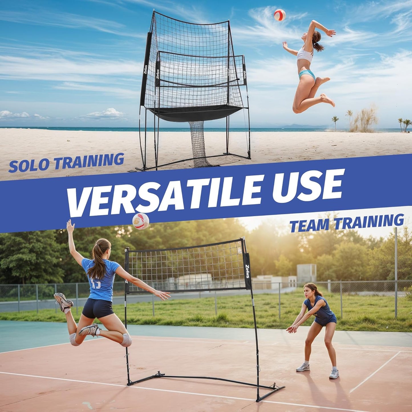 ZELUS Volleyball Training Equipment, 11x8 ft Volleyball Practice Net Station with Adjustable Height & Ball Return