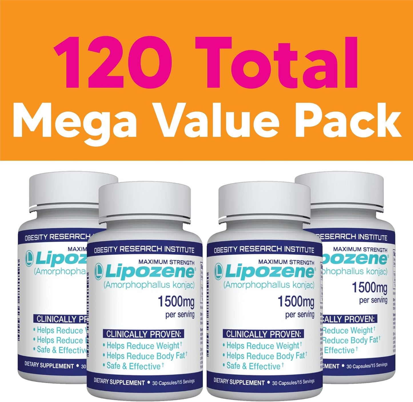 Lipozene Diet Pills - Weight Loss Supplement - 4 Bottles of 30 Capsules Each, a Total of 120 Capsules!