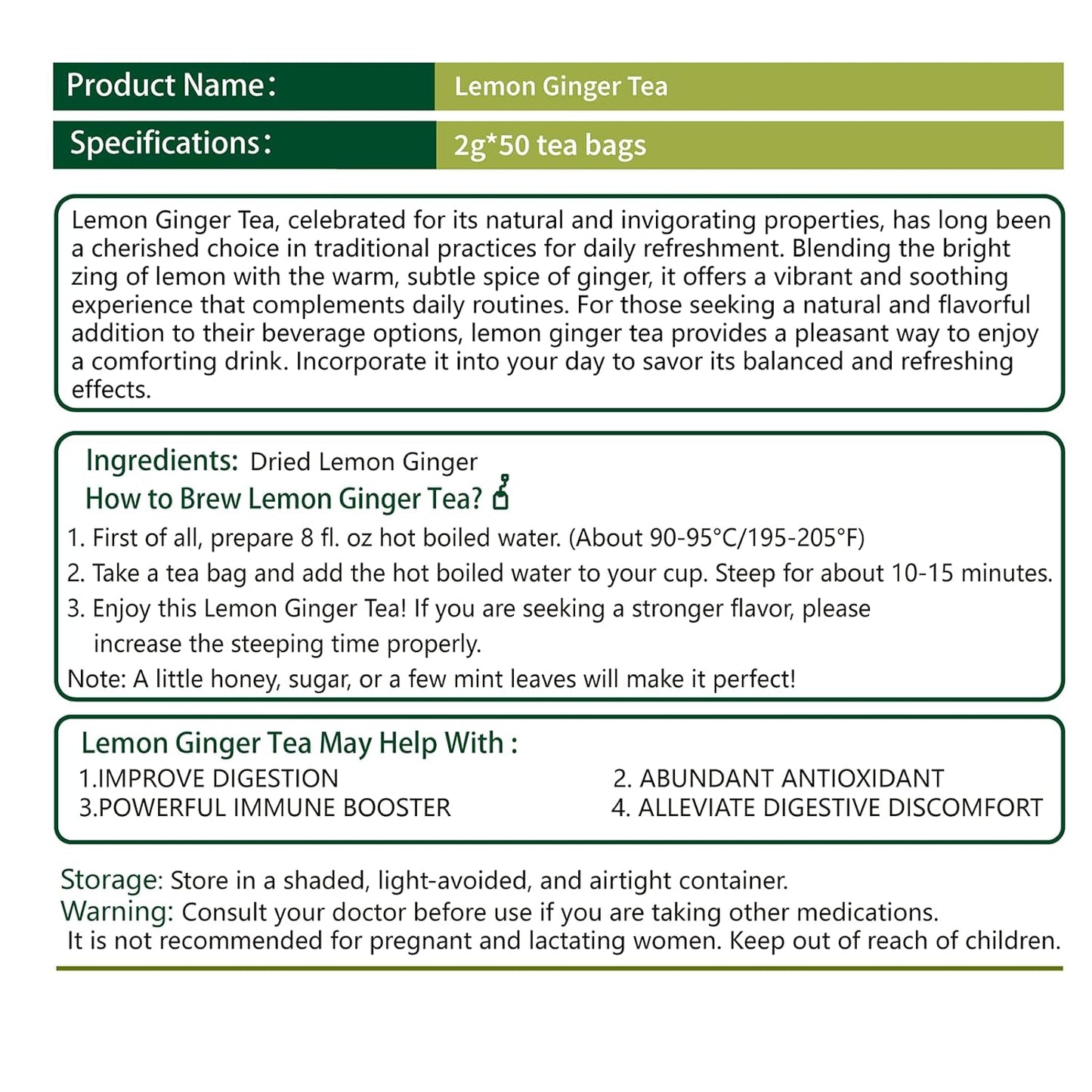 Samcci - Lemon Ginger Tea Bags, 50 Teabags - Great Hot or Iced – Aromatic, Natural, Pleasantly Spicy & Warming - Non-GMO - Caffeine-free - Support Healthy Digestion & Boost Immunity