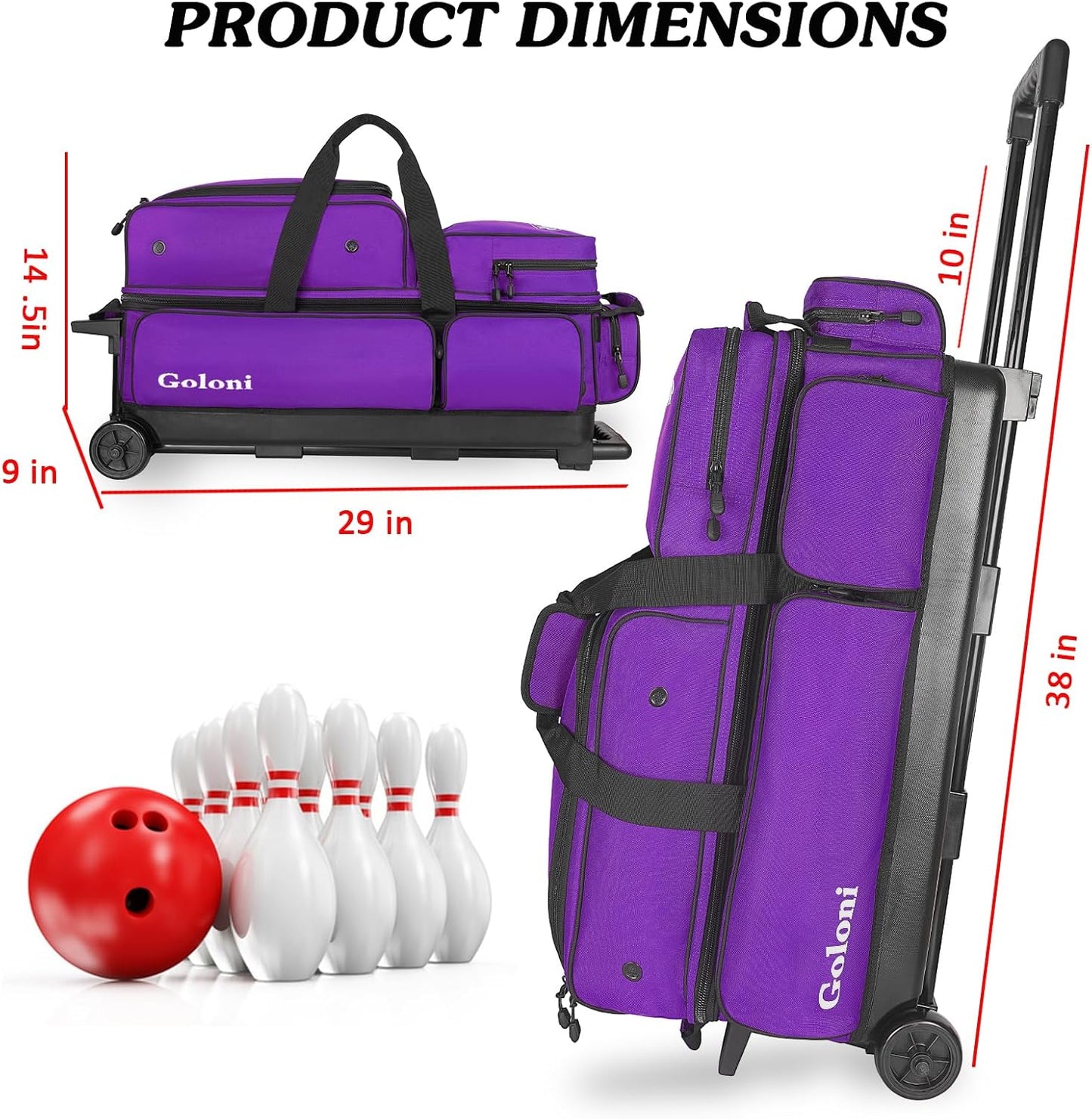 Goloni 3 Ball Bowling Bags with Wheels - Rolling Bowling Bag for 3 Balls & Accessories - Retractable Handle Extends to 38