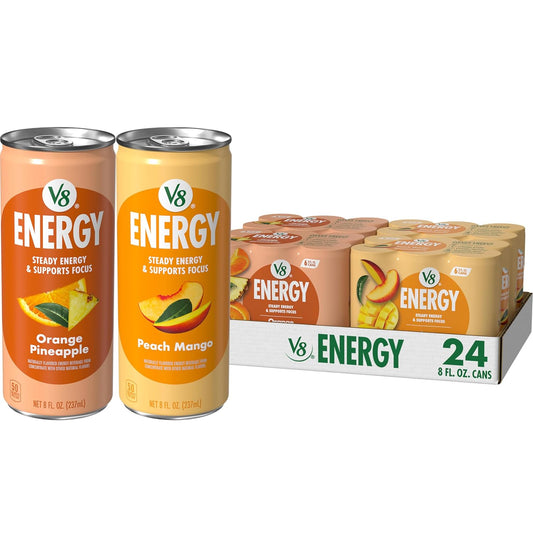 V8 Energy Peach Mango and Orange Pineapple Energy Drinks, 8 fl oz Can (24 Pack)