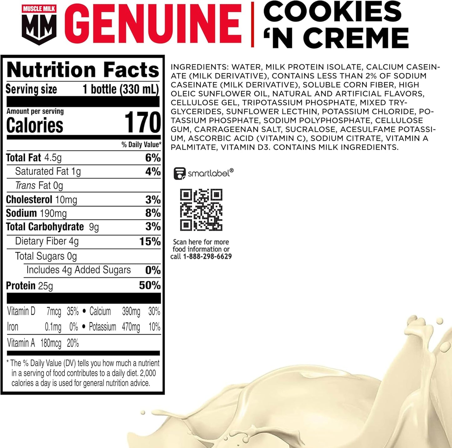 Muscle Milk Genuine Protein Shake, Cookies and Creme, 11.16 Fl Oz Bottle, 12 Pack, 25g Protein, Zero Sugar, Calcium, Vitamins A, C & D, 4g Fiber, Energizing Snack, Workout Recovery, Packaging May Vary