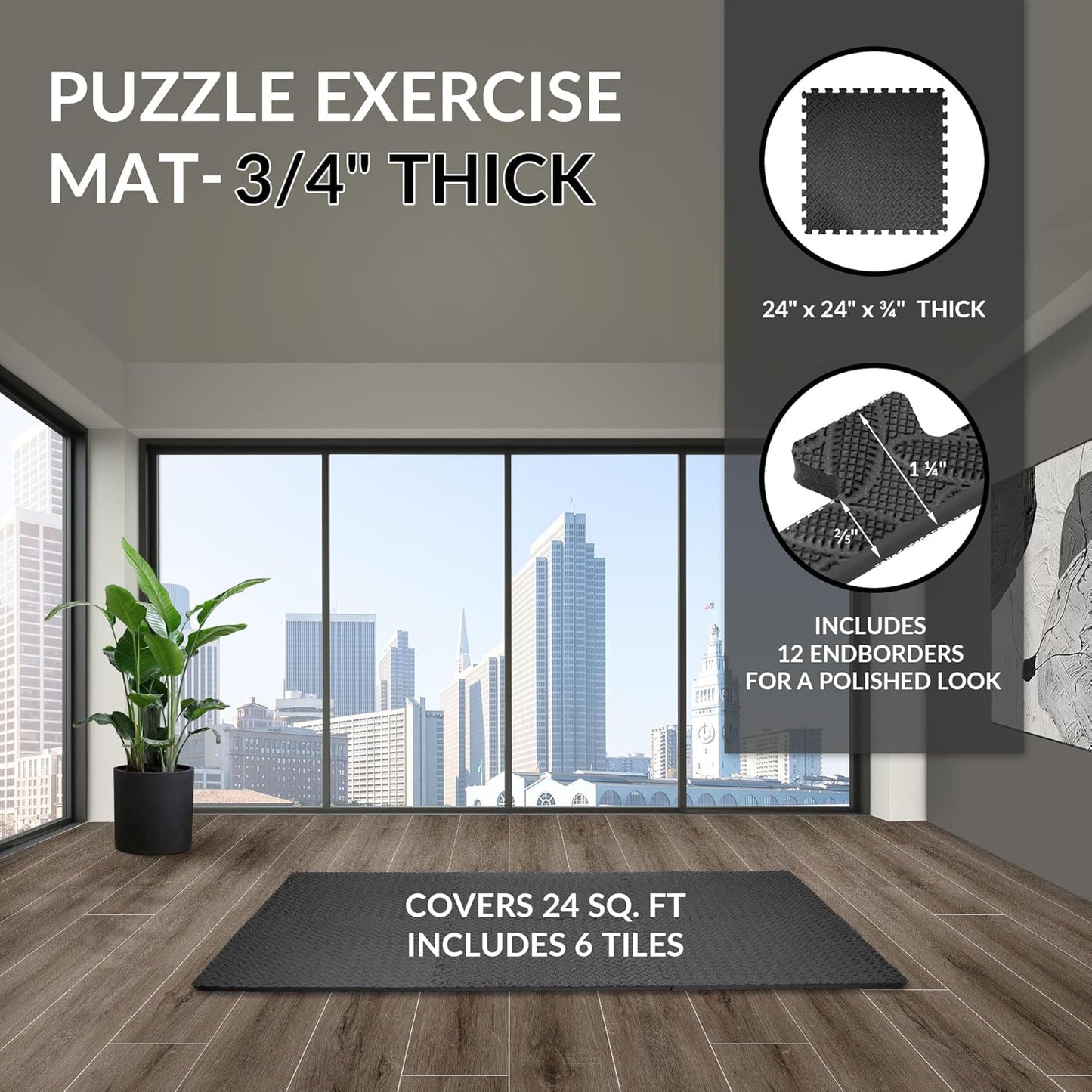 Puzzle Exercise Gym Flooring Mat, 3/4" Thick High-Density EVA Interlocking Tiles Workout Mat for Home Gym, Fitness Equipment, MMA, Gymnastics, 6-Piece Shock-Absorbing Exercise Mat (24 Sq Ft)