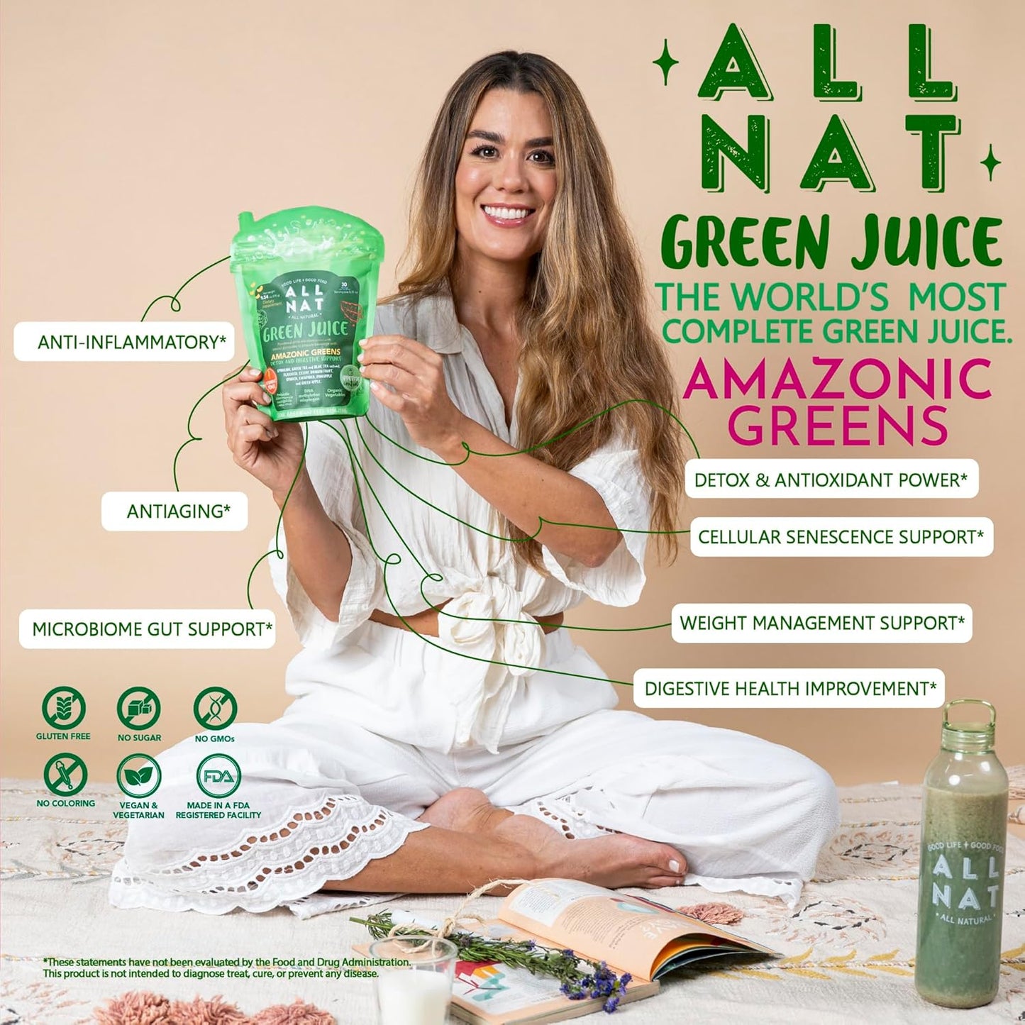 ALL NAT Super Greens Powder | Green Juice with 38 Superfoods, 11 Organic Nutrients, Amazonian Antioxidants | Gut Health, Detox & Immunity | Vegan, No Sugar – 30 Servings