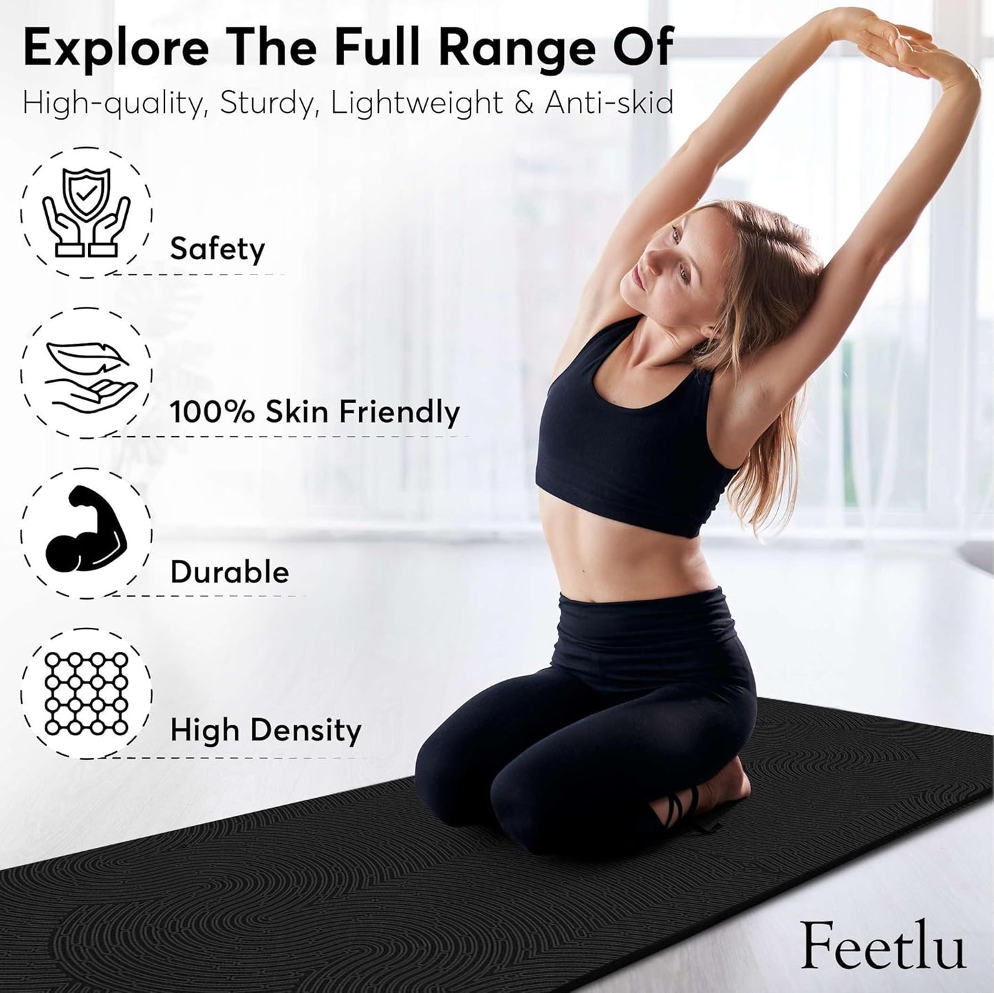 Extra Thick 12mm Exercise Mat – Non-Slip, Joint-Friendly & Cushioned Fitness Mat for Yoga, Pilates & Floor Workouts – Durable, Supportive & Includes Feetlu Classic Strap