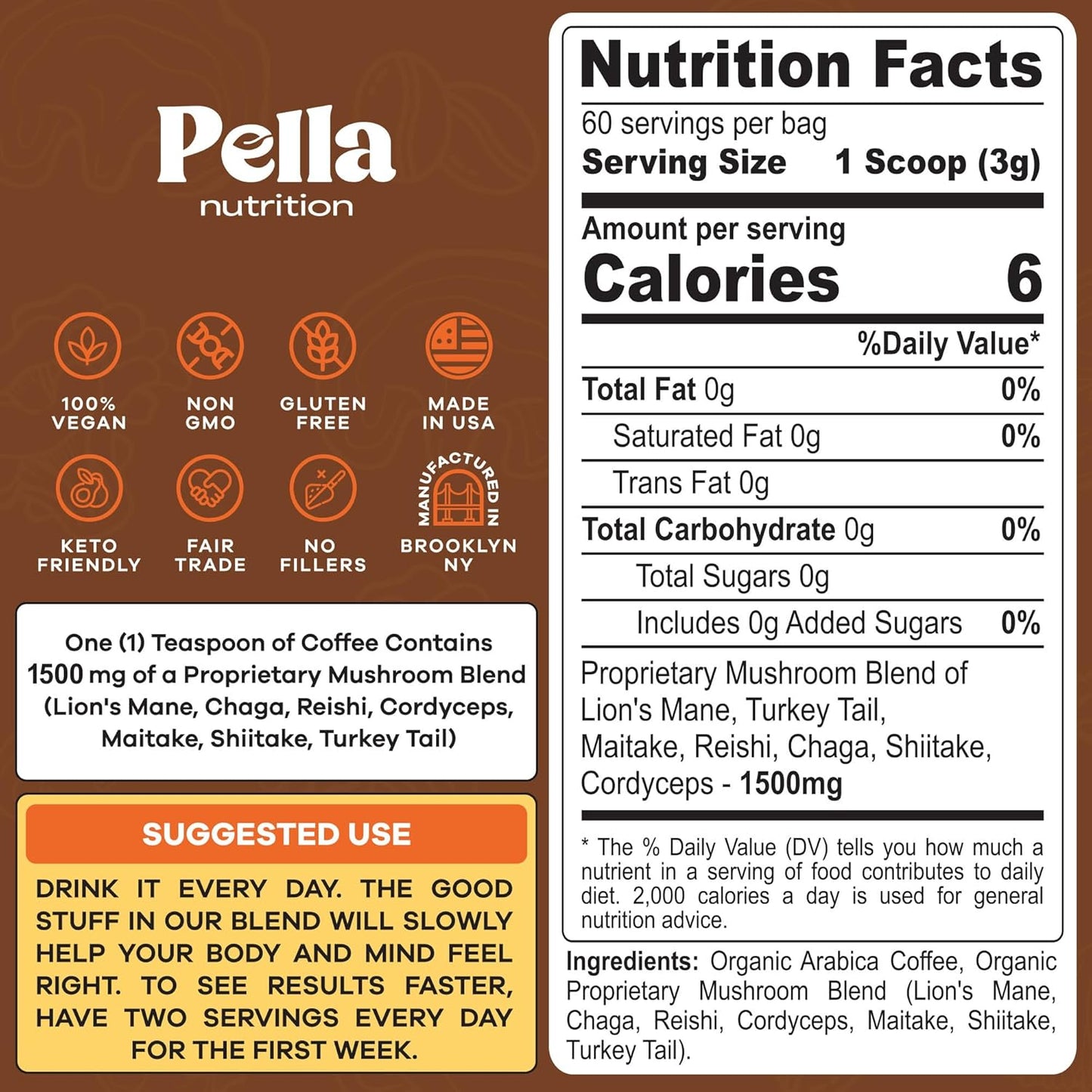 Organic Low-Caffeine Mushroom Coffee (60 Servings) with 7 Superfood Mushrooms, Great Tasting Instant Coffee, Includes Lion's Mane, Reishi, Chaga, Cordyceps, Shiitake, Maitake, and Turkey Tail