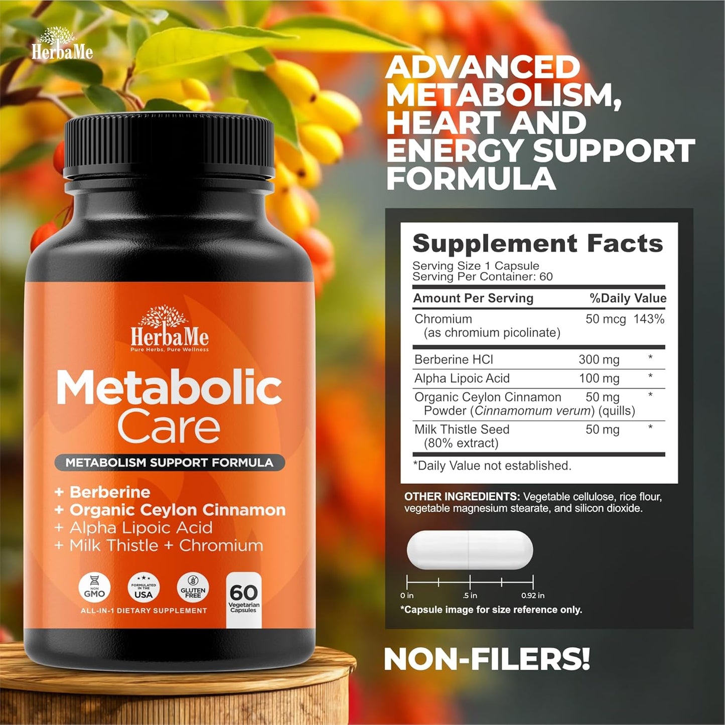 Berberine Supplement with Ceylon Cinnamon, Chromium, Alpha Lipoic Acid, Metabolic Care Supports Metabolism & Cardiovascular Health and Immune System, Helps Maintain Steady Energy Levels