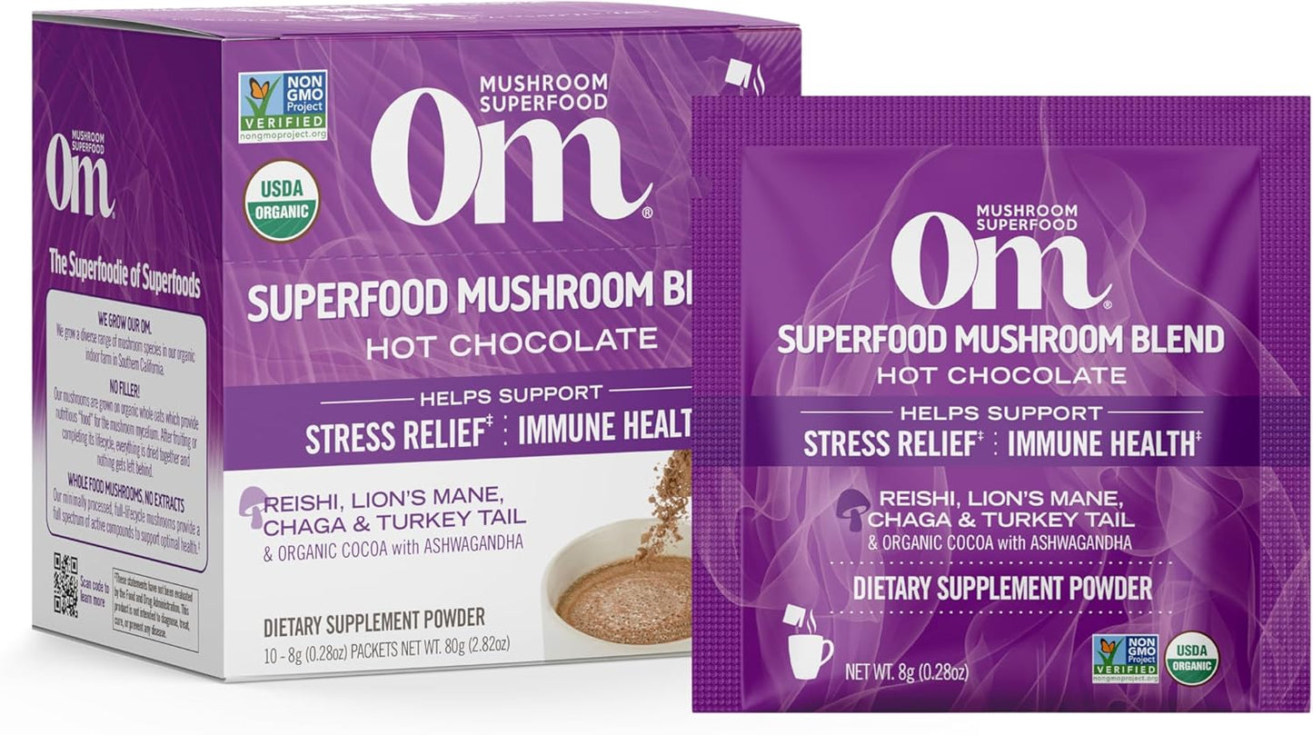 OM MUSHROOM SUPERFOOD Hot Chocolate Blend Mushroom Powder, Single Serve, 10 Count, Dutch Cocoa, 2g of Sugar, 25 Calories, Lion's Mane, Reishi, Chaga, Turkey Tail, Focus and Stress Support