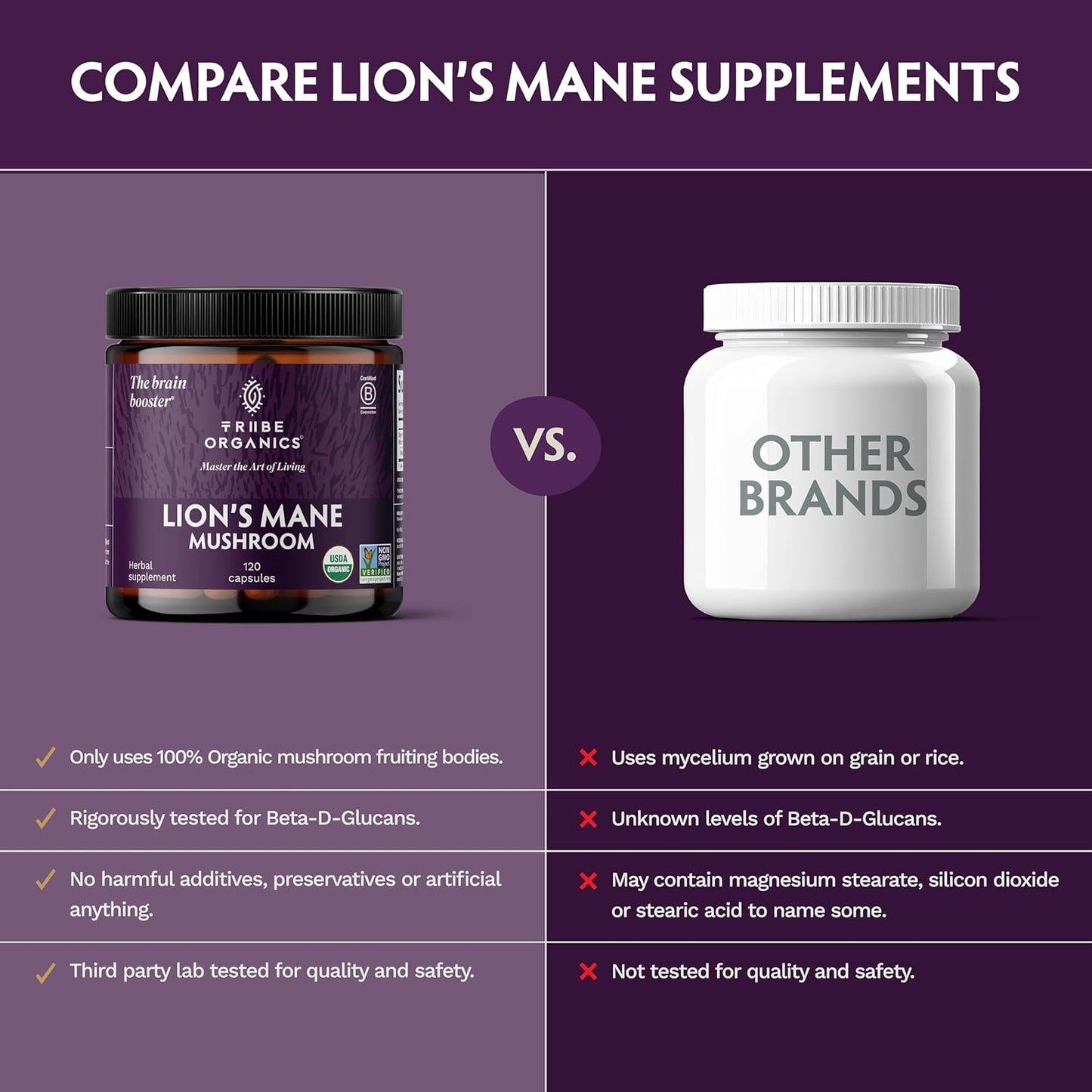 TRIBE ORGANICS Lion’s Mane Supplement 1000mg Mushroom Extract Powder - Immune System Booster & Brain Nootropic for Focus and Memory | Mental Clarity | Natural Energy and Immunity - 120 Vegan Capsules