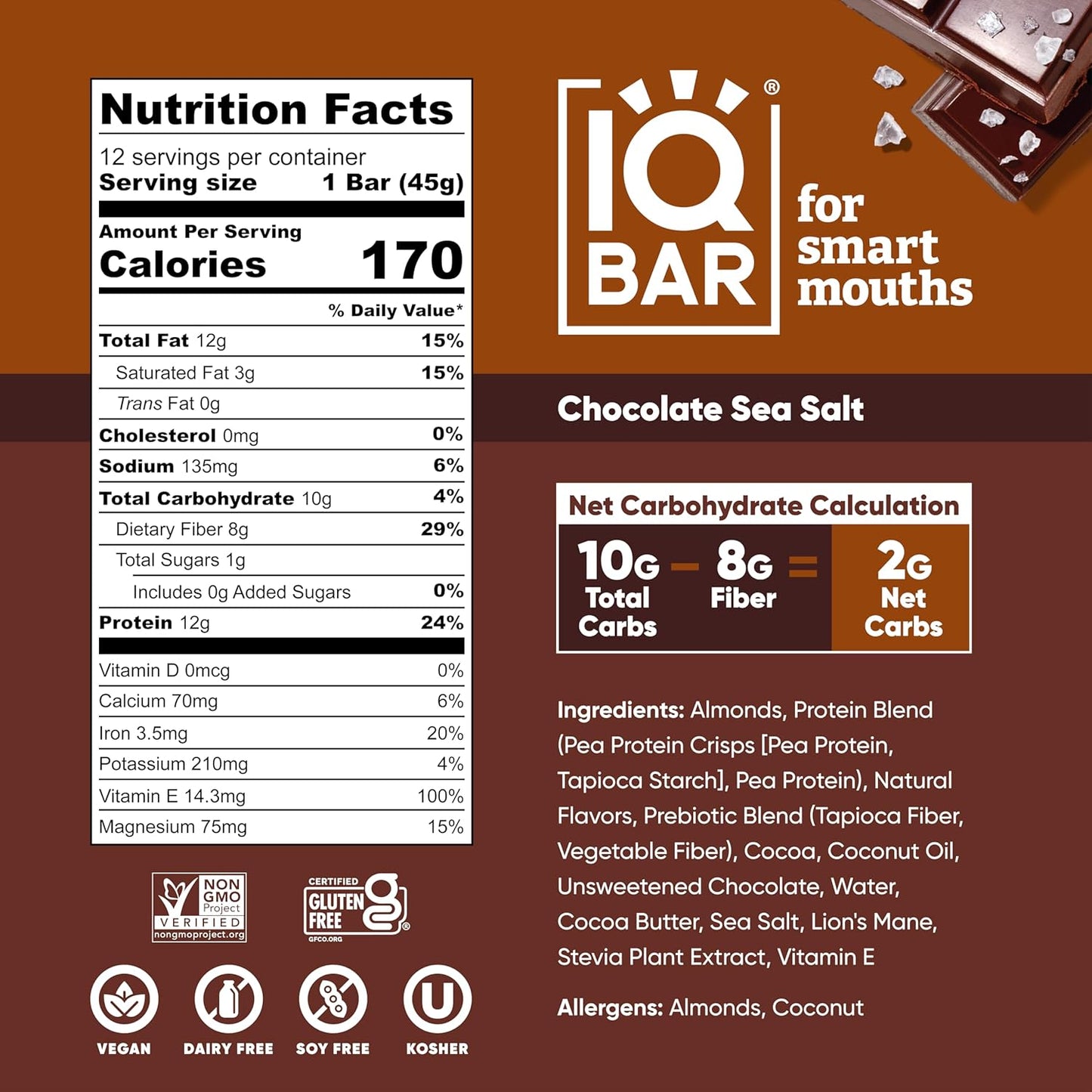 IQBAR Brain and Body Plant Protein Bars - Chocolate Sea Salt - 24-Count Low Carb - Gluten Free, High Fiber, Vegan Snacks - Low Sugar Meal Replacement