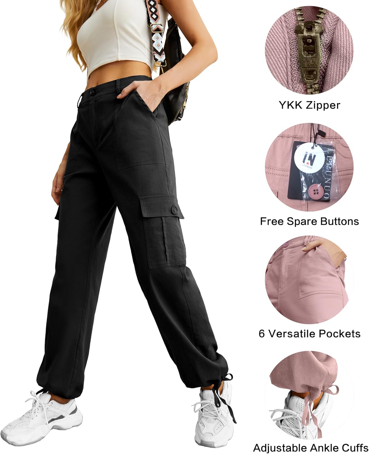 Lepunuo Women's High Waisted Cargo Pants Travel Y2K Streetwear Baggy Stretchy Pants with 6 Pockets Drawstring Ankle Cuffs