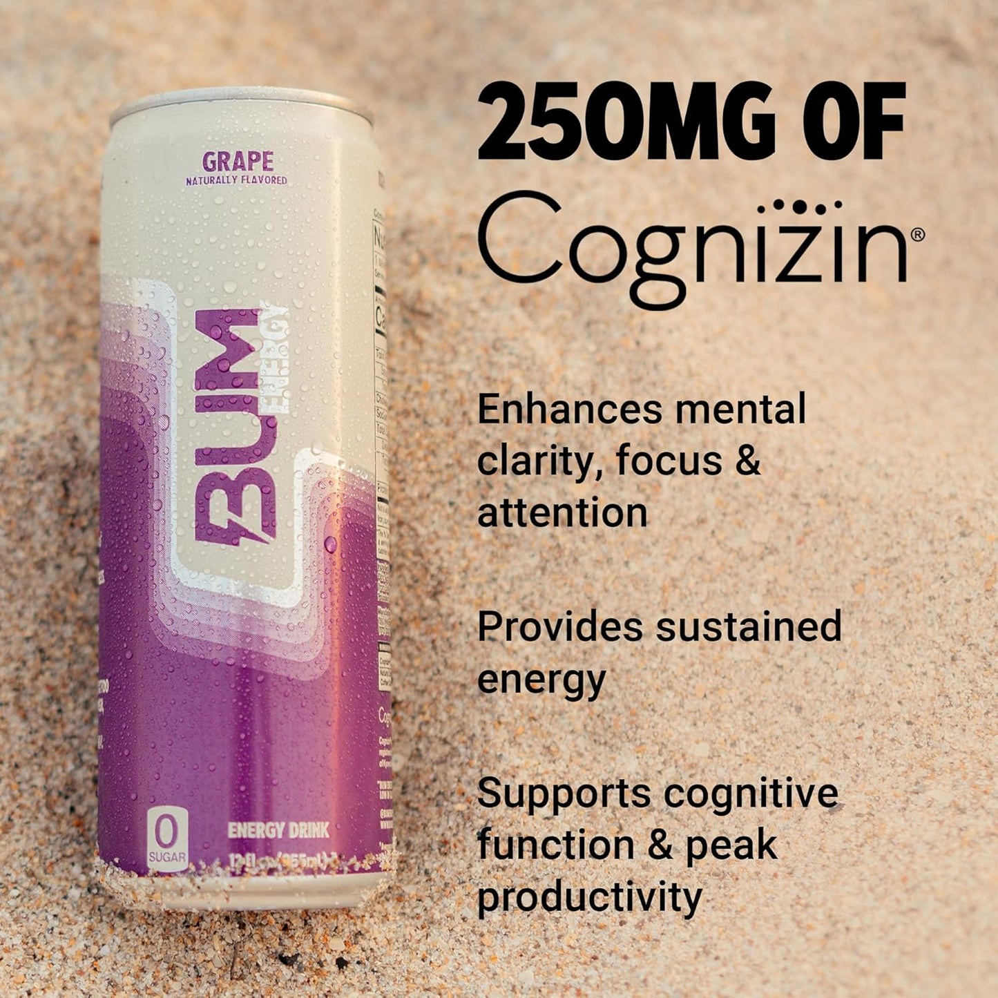 BUM Sugar-Free Energy Drink, Grape - Lightly Carbonated & No Artificial Colors, Natural Caffeine & Citicoline for Energy & Focus, Brain Boost & Workout Sports Beverage - 12 oz, Pack of 12