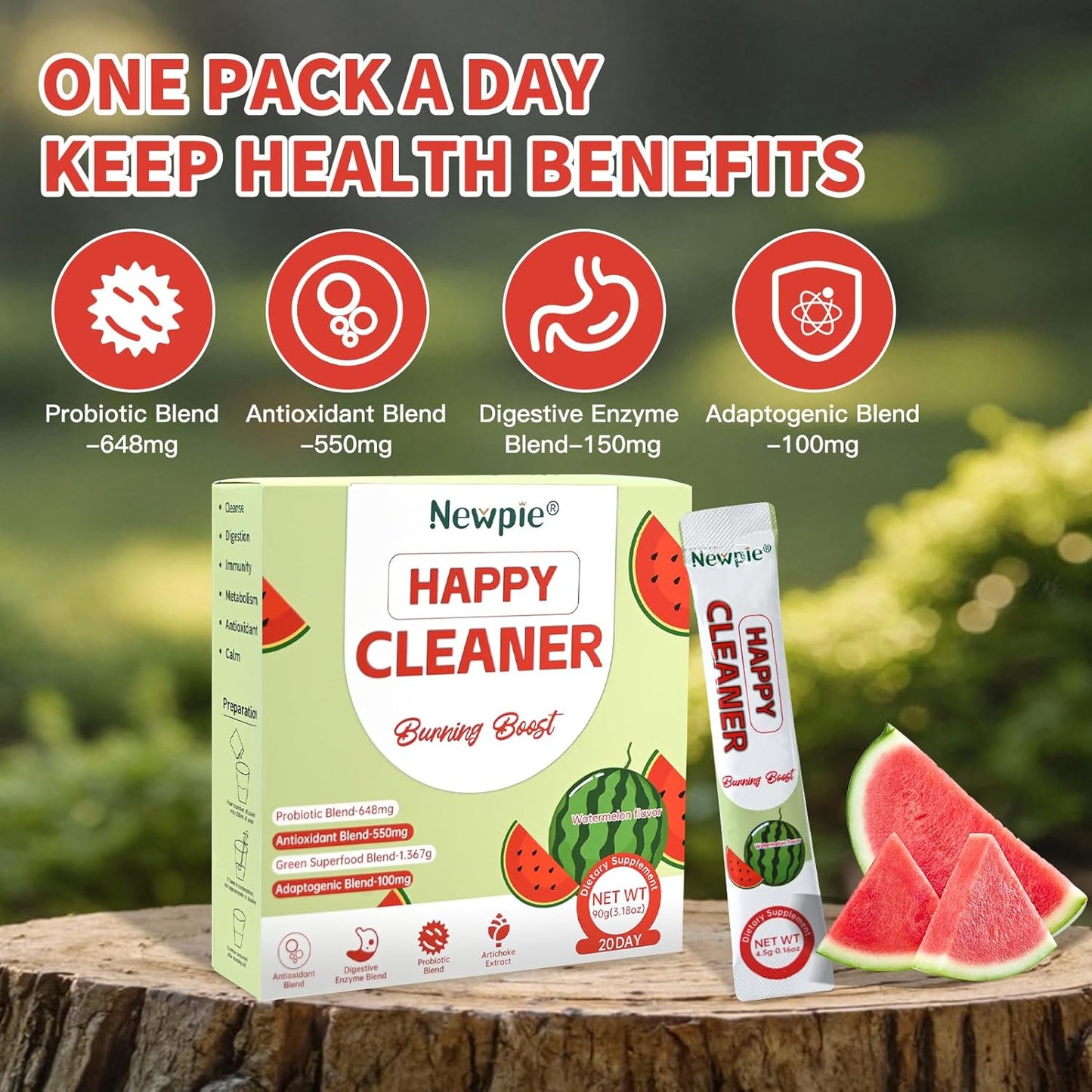 Newpie Superfoods Happy Cleaner Probiotic Powder,Watermelon Flavor Prebiotic & Probiotic Powder,Organic Fiber,Sugar Free,Gut Health,Natural Antioxidant for Women Men (20 Packet, Watermelon)