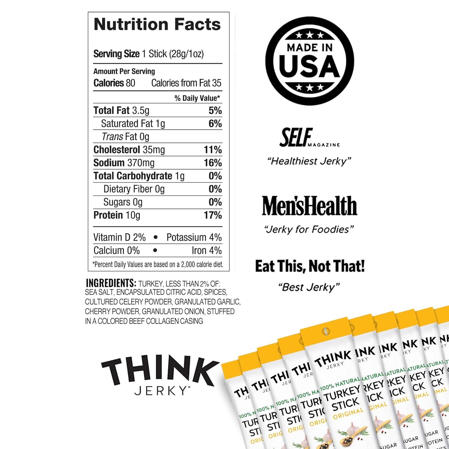 Think Jerky All-Natural Turkey Sticks, Gluten and Sugar Free, No Nitrates, Keto Paleo Friendly High Protein Low Carb Meat Snack - 1.0 oz Sticks, 20 Pack