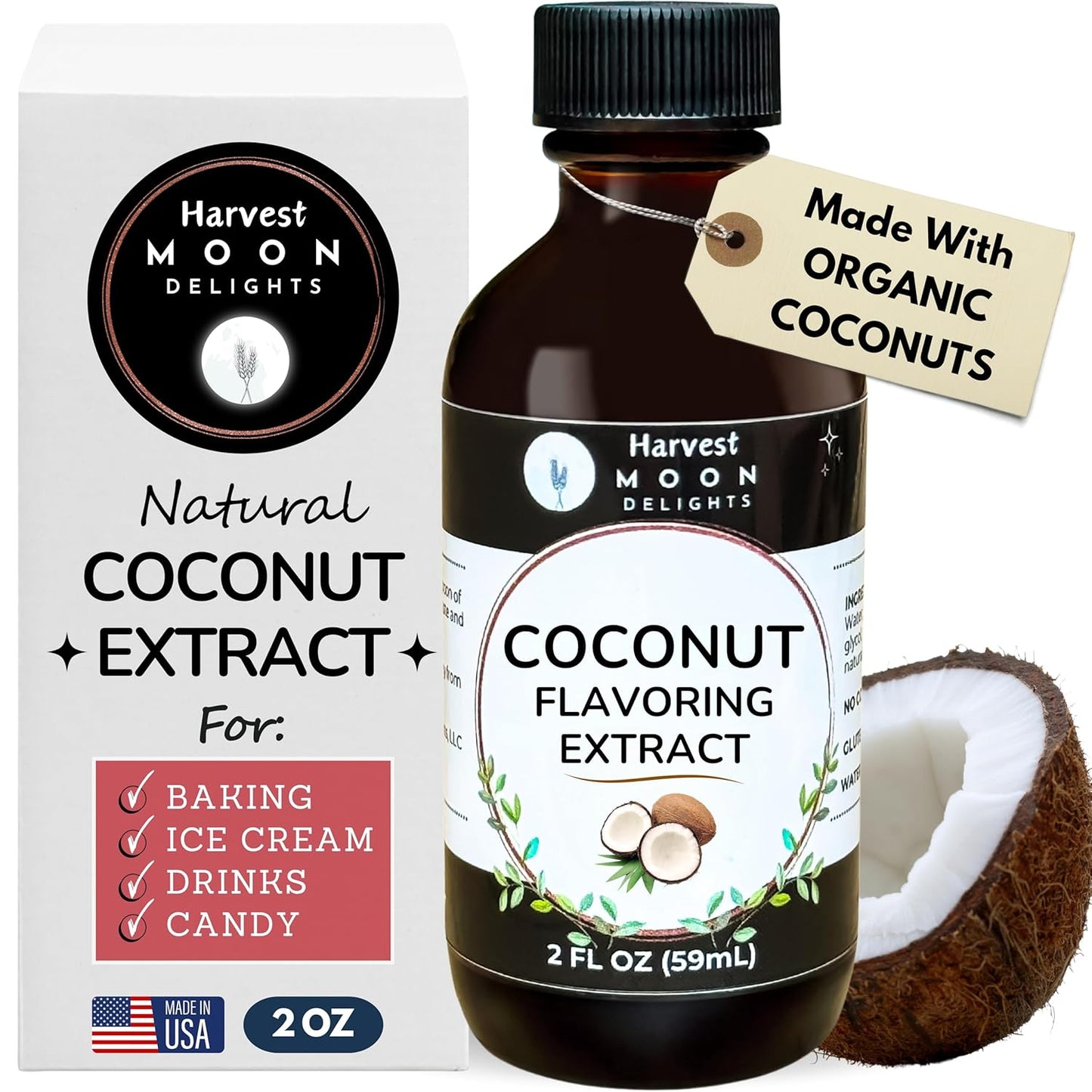 Natural Coconut Extract - 2 oz - Water-Soluble - By Harvest Moon Delights - Coconut Extract for Baking, Ice Cream, Drinks, and Candy - Flavoring - Sugar Free