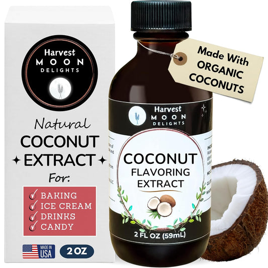 Natural Coconut Extract - 2 oz - Water-Soluble - By Harvest Moon Delights - Coconut Extract for Baking, Ice Cream, Drinks, and Candy - Flavoring - Sugar Free