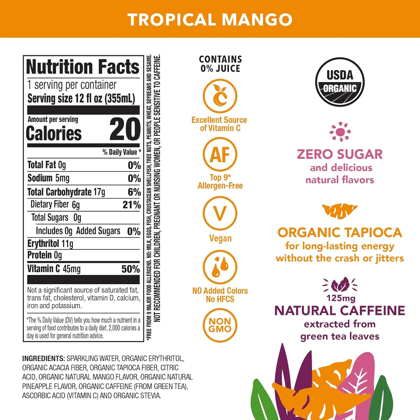 OCA ZERO Tropical Mango, Organic energy drink, zero sugar, gluten-free, vegan plant-based, 12 Fl Oz (12-pack)