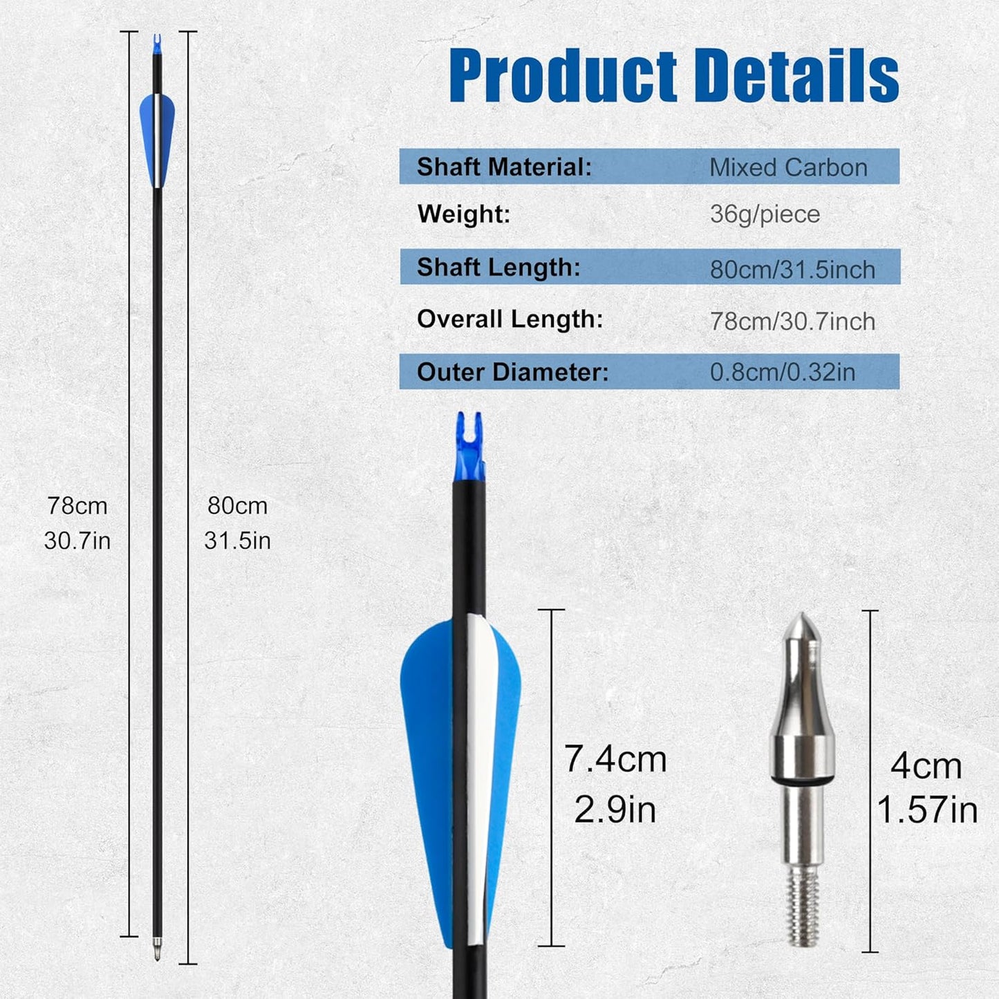 24Pcs 31" Carbon Archery Arrows, Spine Matched for Hunting & Target Practice for Compound & Recurve Bows, Durable Carbon Shaft and Removable Tips‌