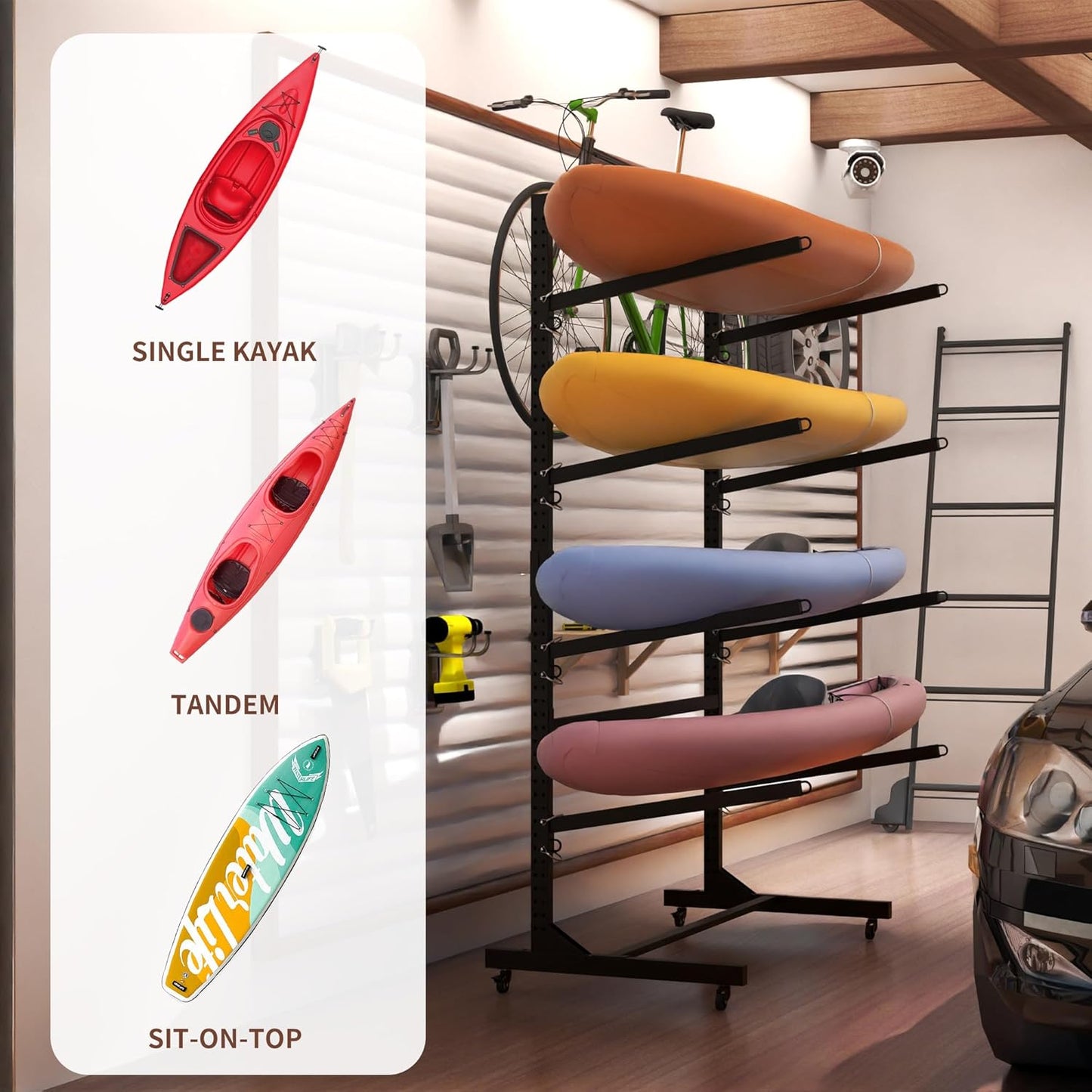 Kayak Storage Rack, Heavy Duty Kayak Stand Canoe Rack with Wheels, Freestanding Kayak Holder Stand for Kayaks, Canoes, Surfboard, Paddleboard Storage
