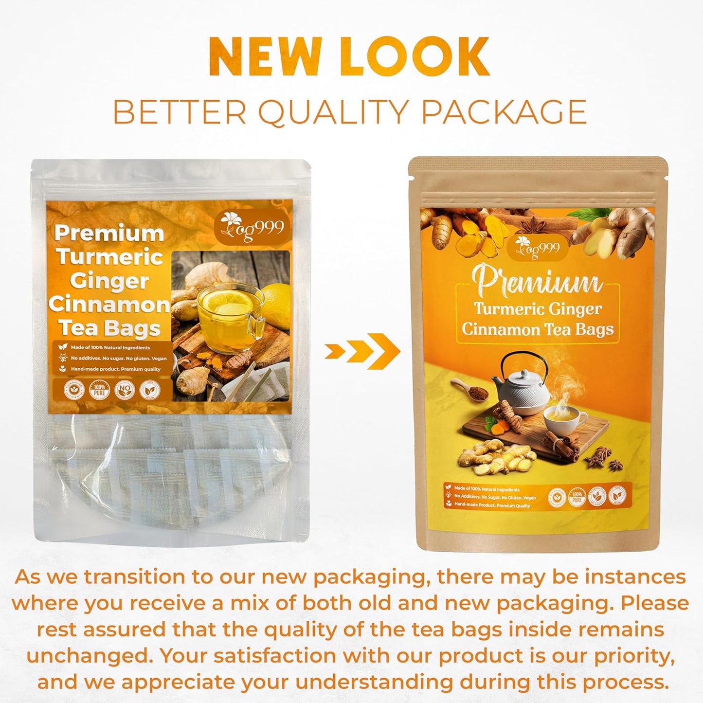 30 Bags Premium Turmeric Ginger Cinnamon Tea, Improve Digestion, Support Brain, Weight, Skin and Sleep, Eco-Conscious Tea Bags and Premium Natural Ingredients. Turmeric Ginger Herbal Tea. No Sugar, No Caffeine, No Gluten, Vegan.