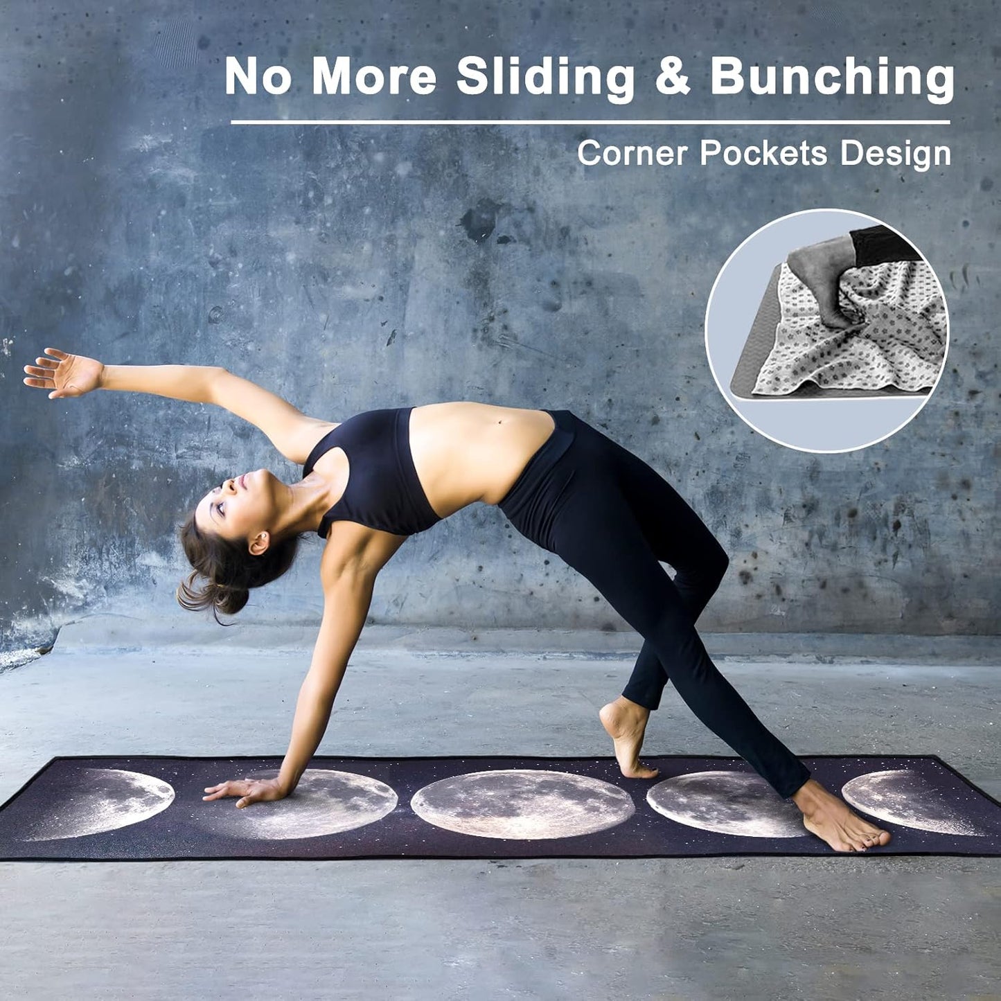 QiyI Yoga Mat Towel with Corner Pockets, Non Slip Sweat Absorbent Hot Yoga Towels, Soft Yoga Blankets with Travel Bag, Skidless Mat Cover for Workout, Gym, Fitness - 74"x26", Moon Cycle