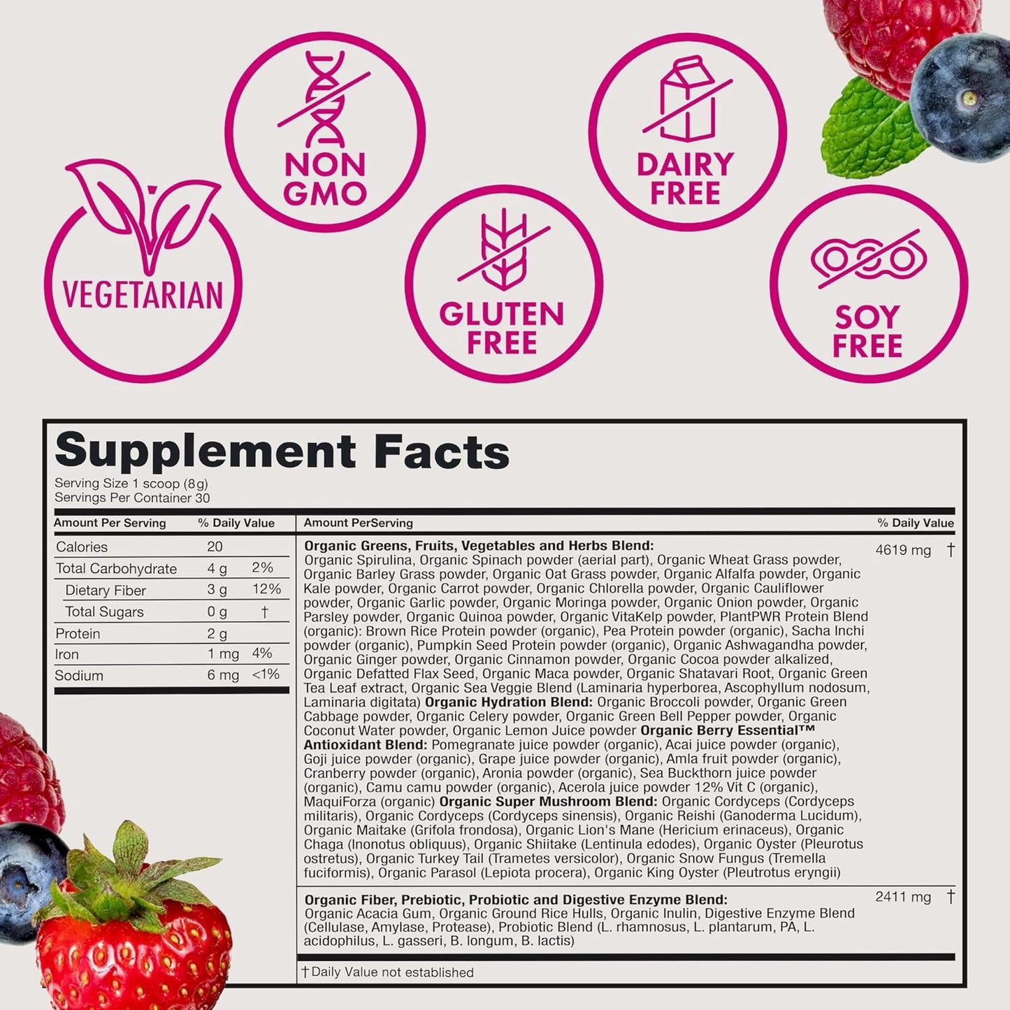 Zena Nutrition Organic Super Greens Powder, 70+ Superfoods, 0 Sugar, 3G Fiber, Spirulina, Chlorella, Antioxidants, Prebiotics/Probiotics, Digestive Enzymes, Mixed Berry, 30 Servings